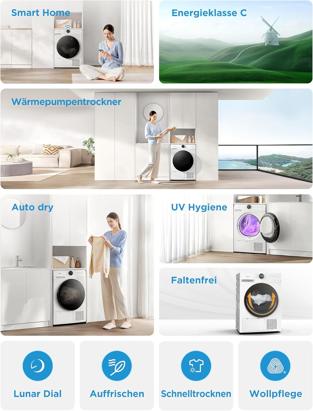 Midea Wärmepumpentrockner 8 kg Energieklasse C Fernsteuerung MD20EH80WB-A3