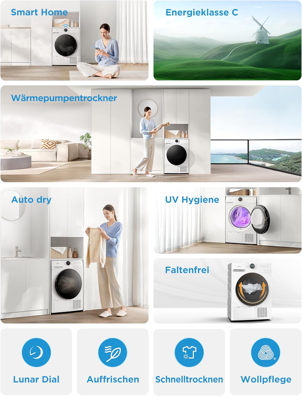 Midea Wärmepumpentrockner 8 kg Energieklasse C Fernsteuerung MD20EH80WB-A3