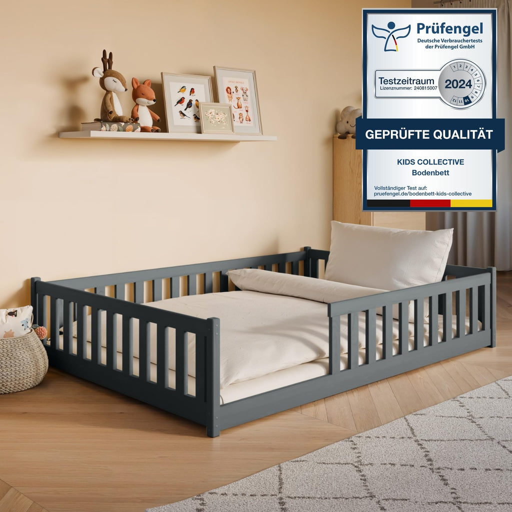 Kids Collective Kinderbett Bodenbett 120x200 cm Bett mit Rausfallschutz & Lattenrost Montessori Bett Bed Gitterbett Kinder Jugendbett Einzelbett | Natur Kiefer Holz massiv Junge Mädchen