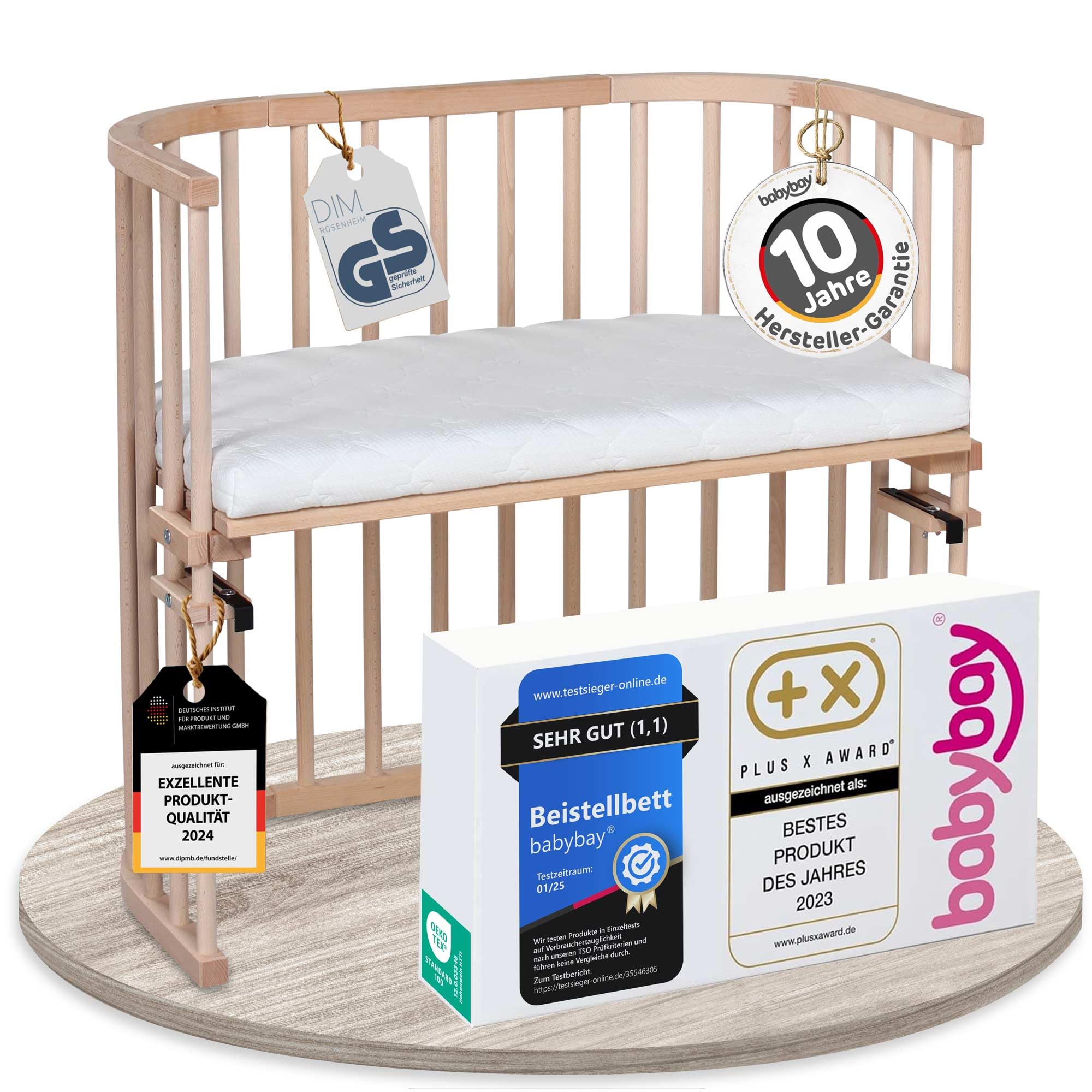babybay Original Beistellbett aus massivem Buchenholz / kompakt & verwandelbar / Kinderbett Höhe stufenlos verstellbar & umweltfreundlich / mitwachsendes Babybett (weiß lackiert) / inkl. Matratze