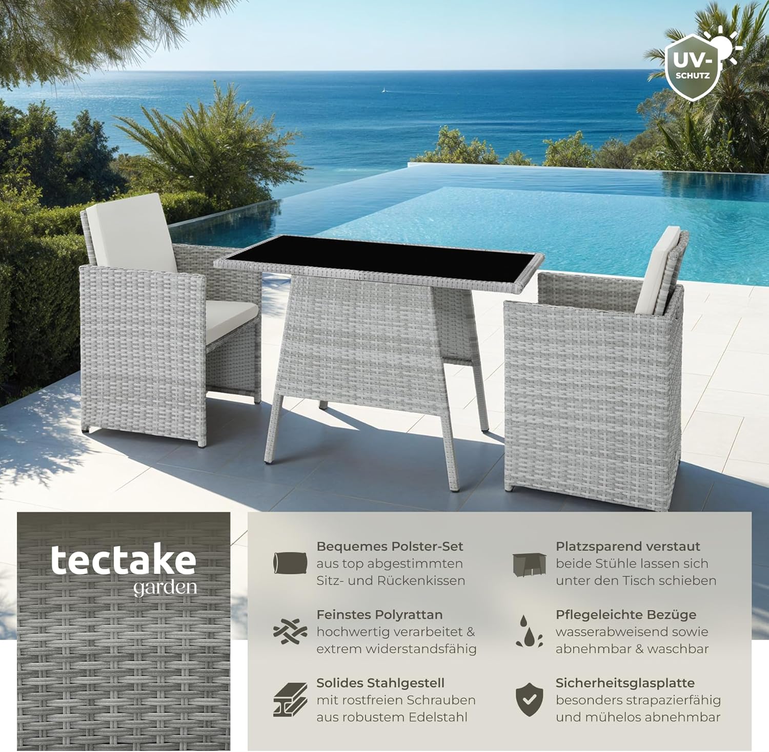 tectake® Poly Rattan Sitzgruppe für 2 Personen, Outdoor Möbel platzsparend zusammenschiebbar, 2 Sessel & 1 Tisch, ideales Balkon Lounge Set, Gartenmöbel, Terrassenmöbel wetterfest - hellgrau
