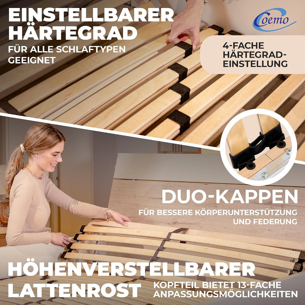 Coemo 7-Zonen Lattenrost Ergo 140x200 Lattenrahmen - verstellbares Kopfteil - Buche Rahmen- 28 Federleisten- Bettrahmen 140x200cm passend für Queensize Bett- geeignet für alle Matratzen