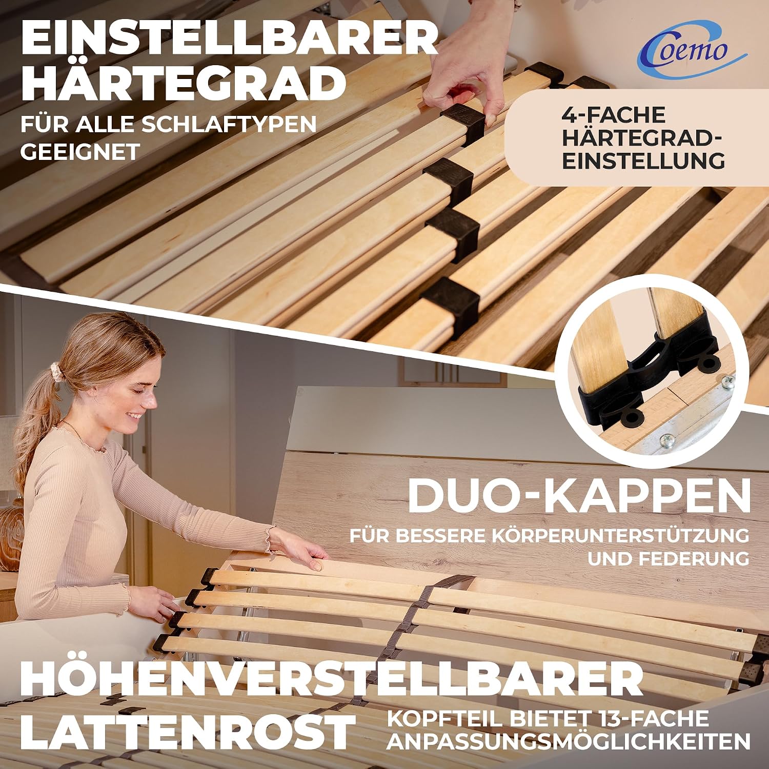Coemo 7-Zonen Lattenrost Ergo 140x200 Lattenrahmen - verstellbares Kopfteil - Buche Rahmen- 28 Federleisten- Bettrahmen 140x200cm passend für Queensize Bett- geeignet für alle Matratzen