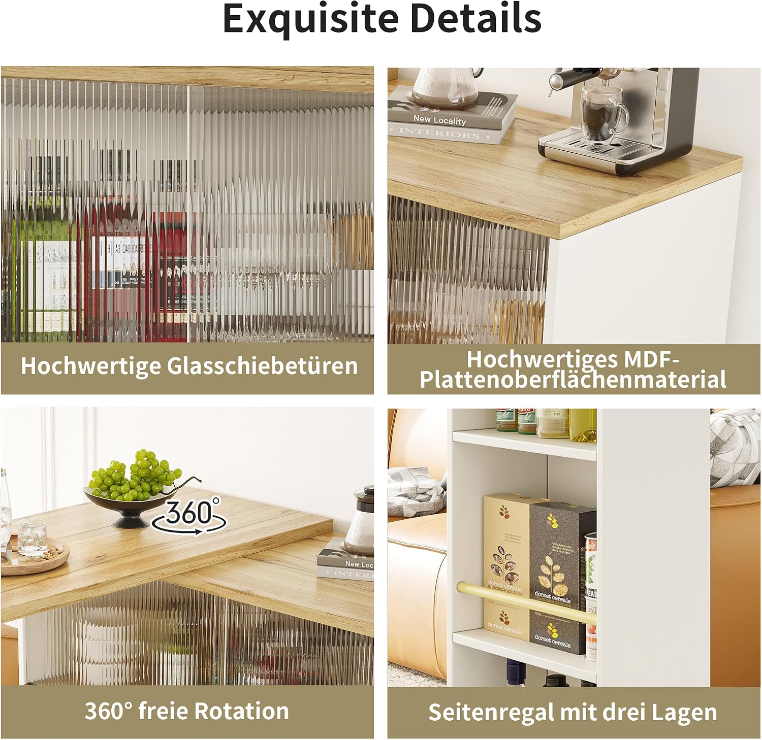 Merax Ausziehbarer Bartisch mit Stauraum, 360° drehbarer Beweglicher Bartisch Küchentheke Kücheninsel Kaffeeecke, mit Offene Ablagefächer, Glasschiebetür, Weiß/120-180 x 45 x 103 cm