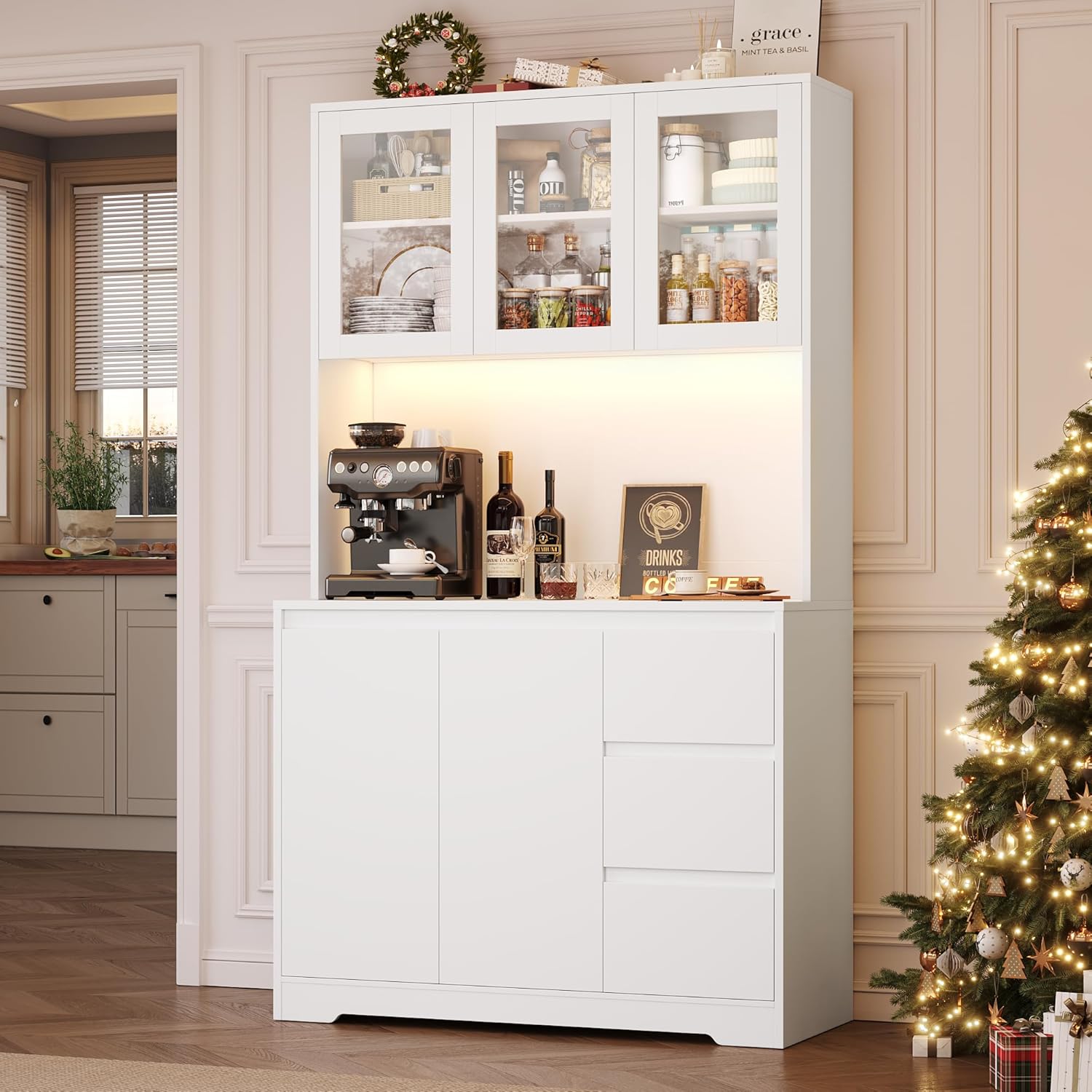 FirFurd Küchenschrank mit LED und Steckdosenleiste Buffetschrank Küchenschrank mit Arbeitsplatte und 3 Schubladen Küchenbuffet mit Verstellbares Regal Sideboard für Küche 180x100x38.5 cm weiß