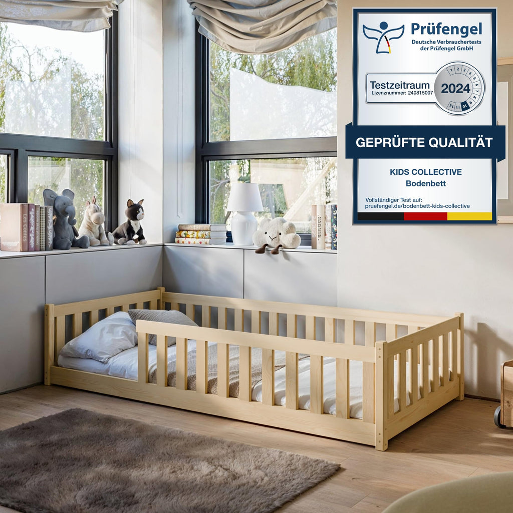 Kids Collective Kinderbett Bodenbett 120x200 cm Bett mit Rausfallschutz & Lattenrost Montessori Bett Bed Gitterbett Kinder Jugendbett Einzelbett | Natur Kiefer Holz massiv Junge Mädchen