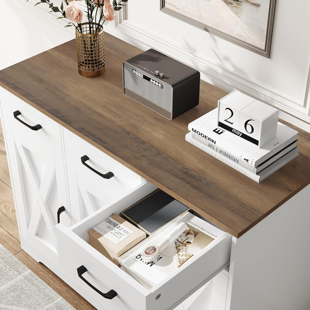 HOCSOK Sideboard, Küchenschrank mit Verstellbaren Ablagen, Weiß & Braun