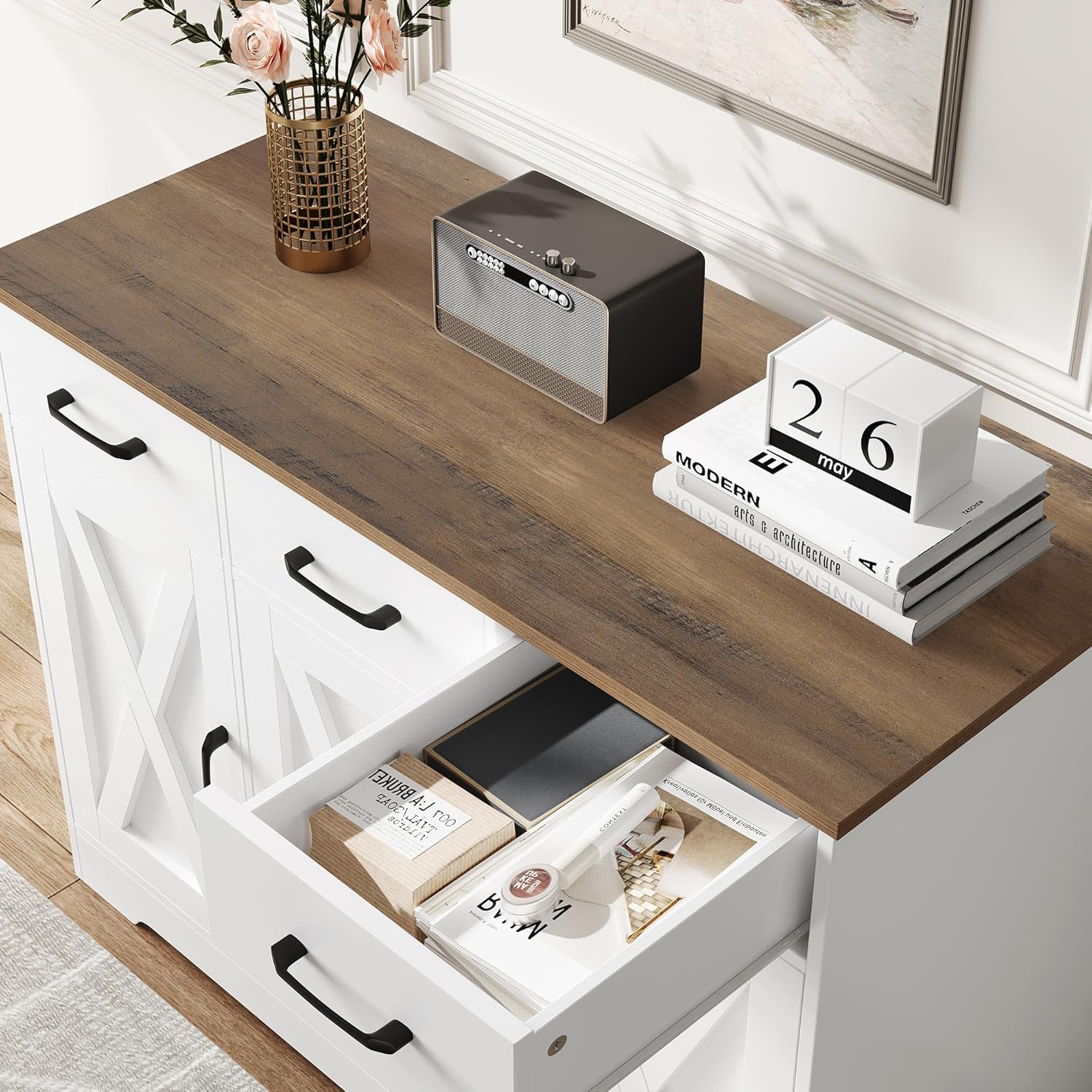 HOCSOK Sideboard, Küchenschrank mit Verstellbaren Ablagen, Weiß & Braun