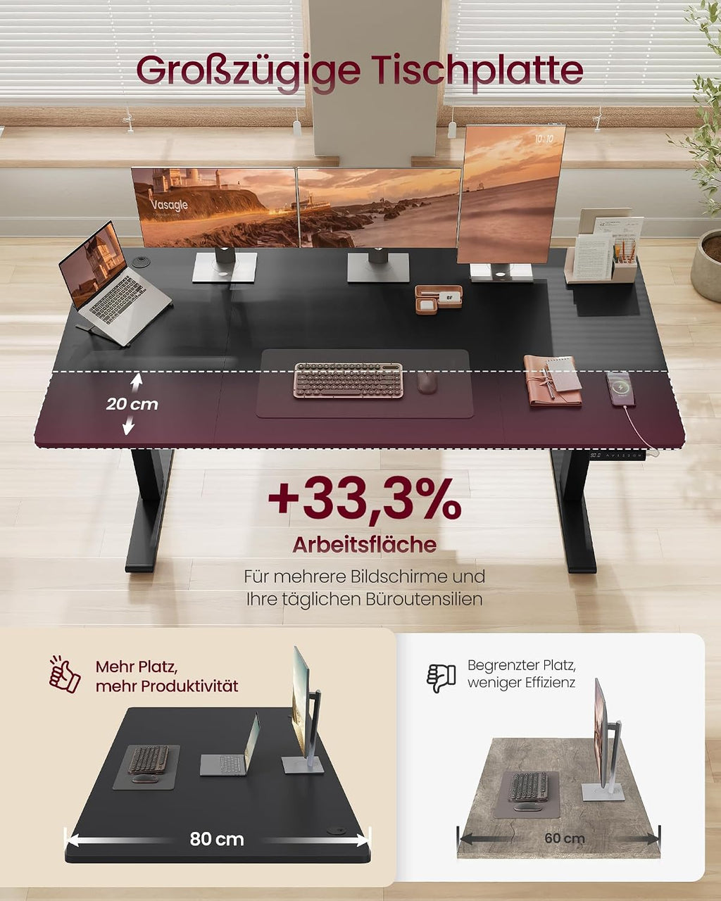 VASAGLE Höhenverstellbarer Schreibtisch, 160 x 80 cm, USB-C-Anschluss
