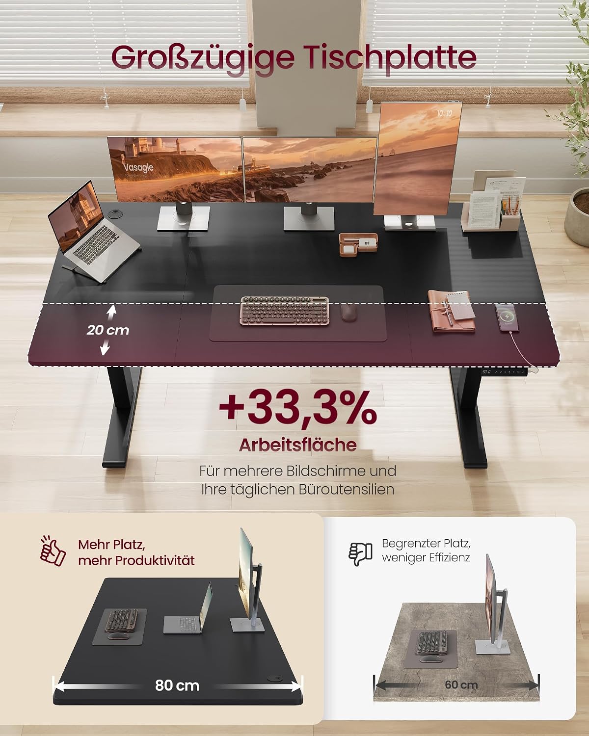VASAGLE Höhenverstellbarer Schreibtisch, 160 x 80 cm, USB-C-Anschluss