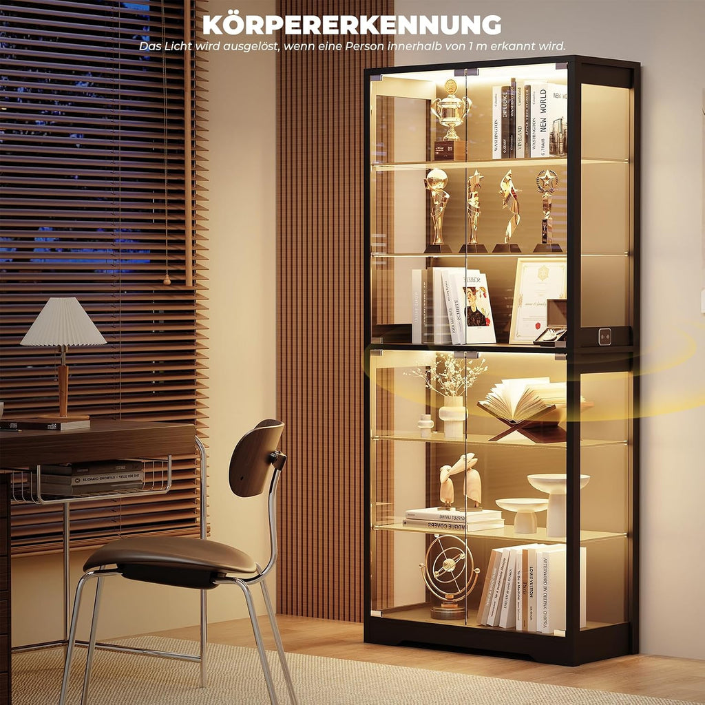 BROTTAR Vitrine mit Glastür, 6-stufige 180cm Vitrine mit 3 Farblichten für Sammlerstücke, Vitrine mit verstellbaren Glasträgern, Körperkensorsensor, Aufbewahrungsschränke, Schwarz