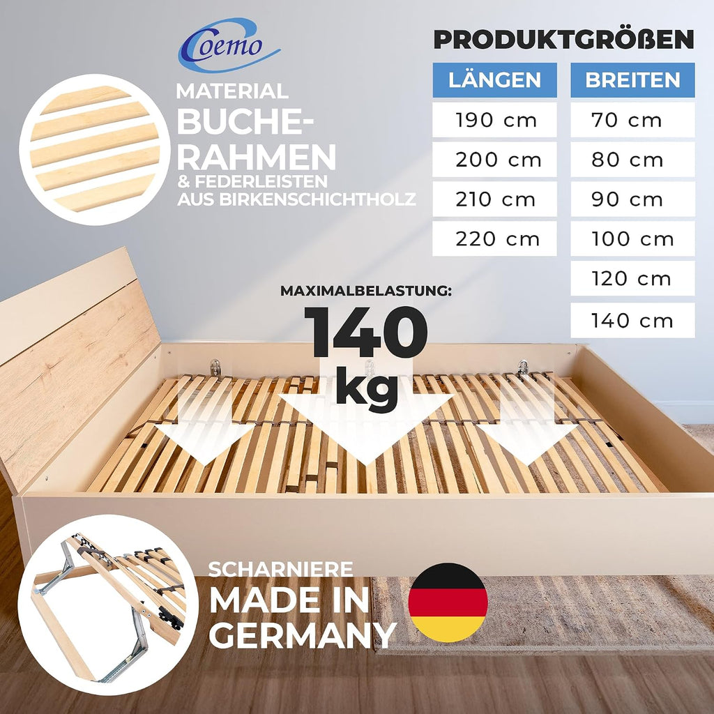 Coemo 7-Zonen Lattenrost Ergo 140x200 Lattenrahmen - verstellbares Kopfteil - Buche Rahmen- 28 Federleisten- Bettrahmen 140x200cm passend für Queensize Bett- geeignet für alle Matratzen
