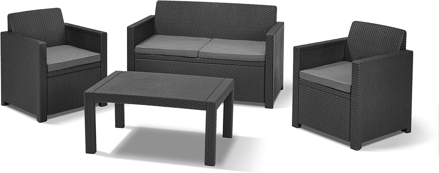 Allibert by Keter Merano Gartenmöbel Set aus Kunststoff, inkl. Sitzkissen, grau, 4-teilig, 2 Sessel, Sofa & Tisch, für Garten & Terrasse, Flache Rattanoptik