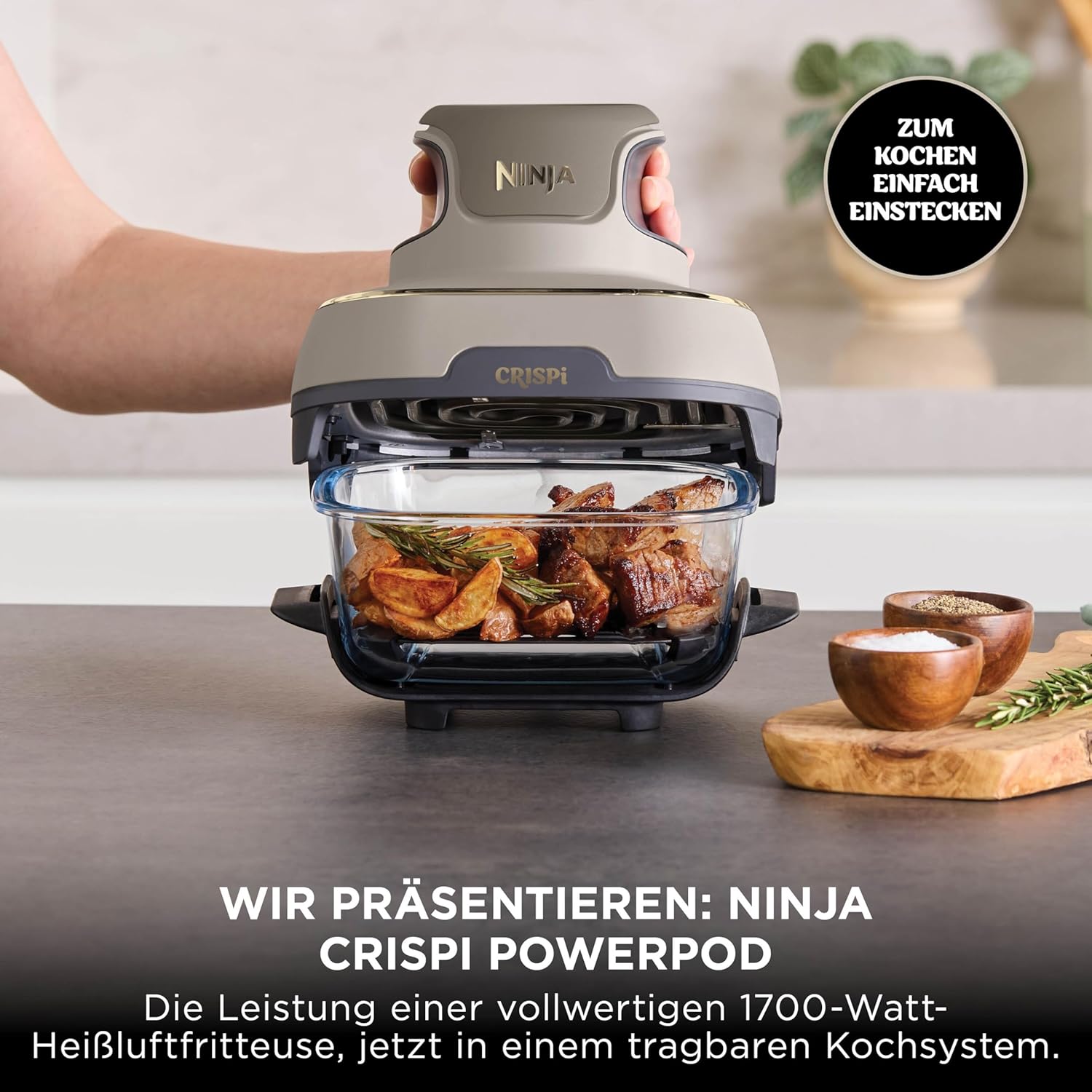 Ninja CRISPi tragbare Air fryer Heißluftfritteuse, Stone Gold FN101EUSTGD