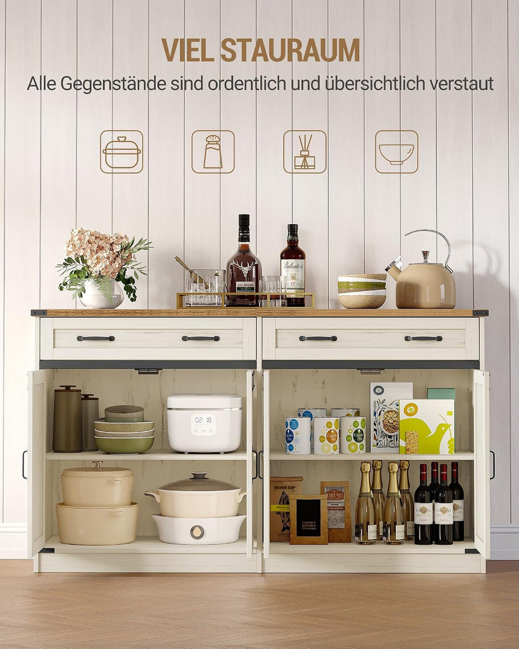 Hzuaneri Sideboard, Buffetschrank mit 2 Schublade, 4 Türen