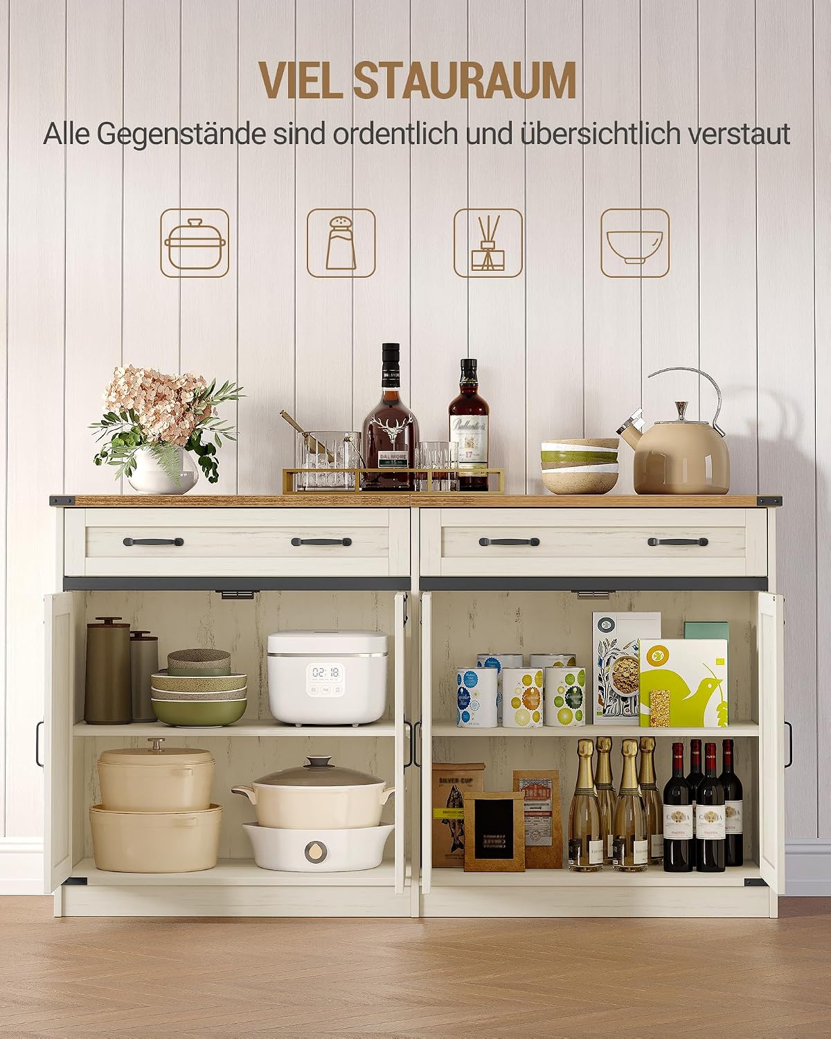 Hzuaneri Sideboard, Buffetschrank mit 2 Schublade, 4 Türen