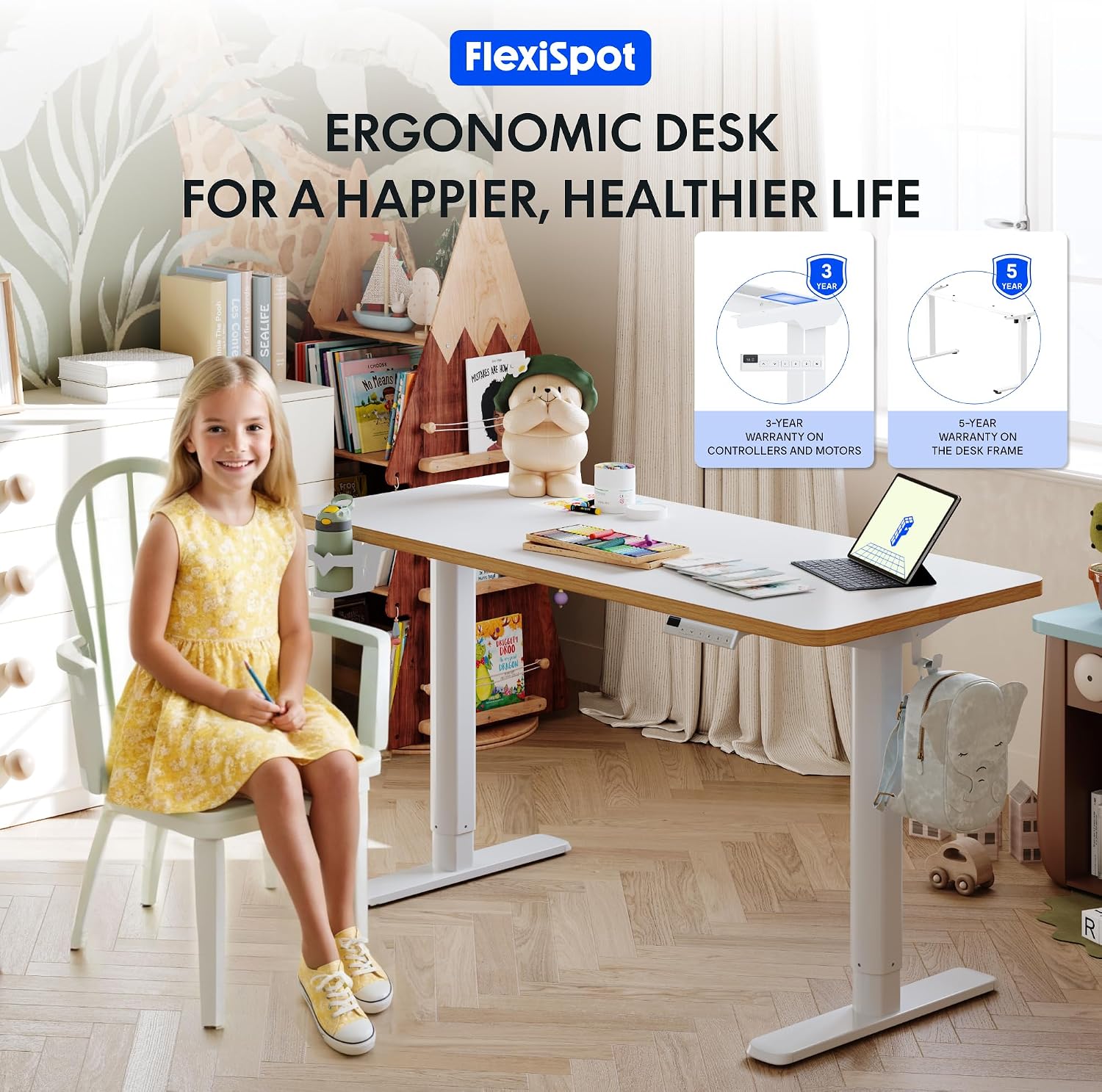 FLEXISPOT Kinderschreibtisch höhenverstellbar elektrisch 110 × 52 cm, Weiß