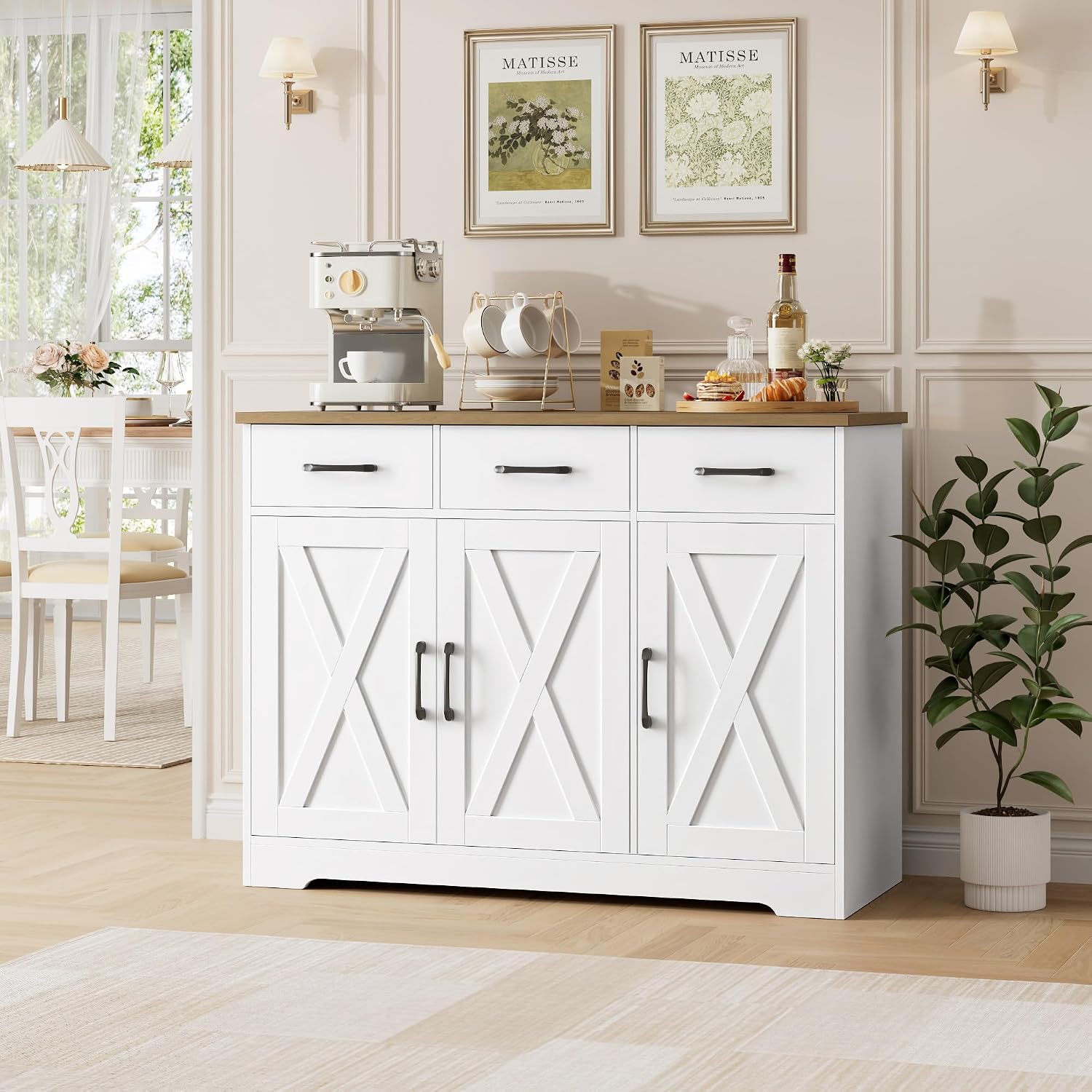 HOCSOK Sideboard, Küchenschrank mit Verstellbaren Ablagen, Weiß & Braun