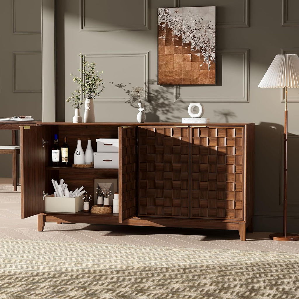 COLAMY Sideboard 150 cm Holz mit Stauraum – Modernes Sideboard für Wohnzimmer, Küchenschrank mit verstellbaren Einlegeböden, Buffet Schrank mit 3D Holzfront, Walnut