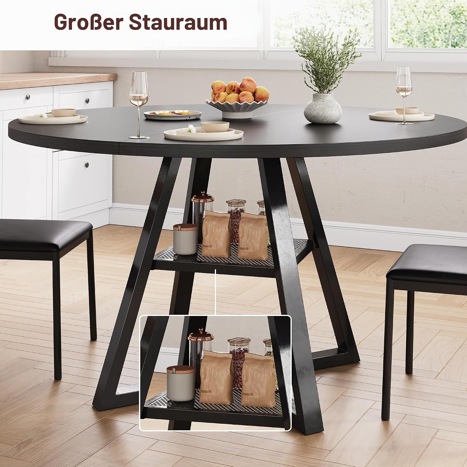 Jocoevol Esstisch Runder für 2–4 Personen, Esszimmertisch mit Ablage, platzsparender Küchentisch aus Holz im Industrial Design (Schwarz, 107x107x76cm)
