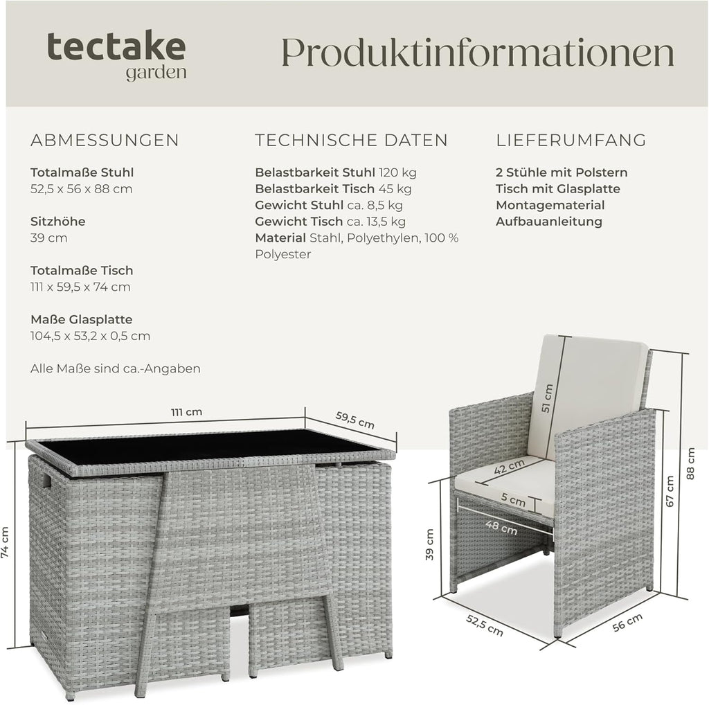 tectake® Poly Rattan Sitzgruppe für 2 Personen, Outdoor Möbel platzsparend zusammenschiebbar, 2 Sessel & 1 Tisch, ideales Balkon Lounge Set, Gartenmöbel, Terrassenmöbel wetterfest - hellgrau