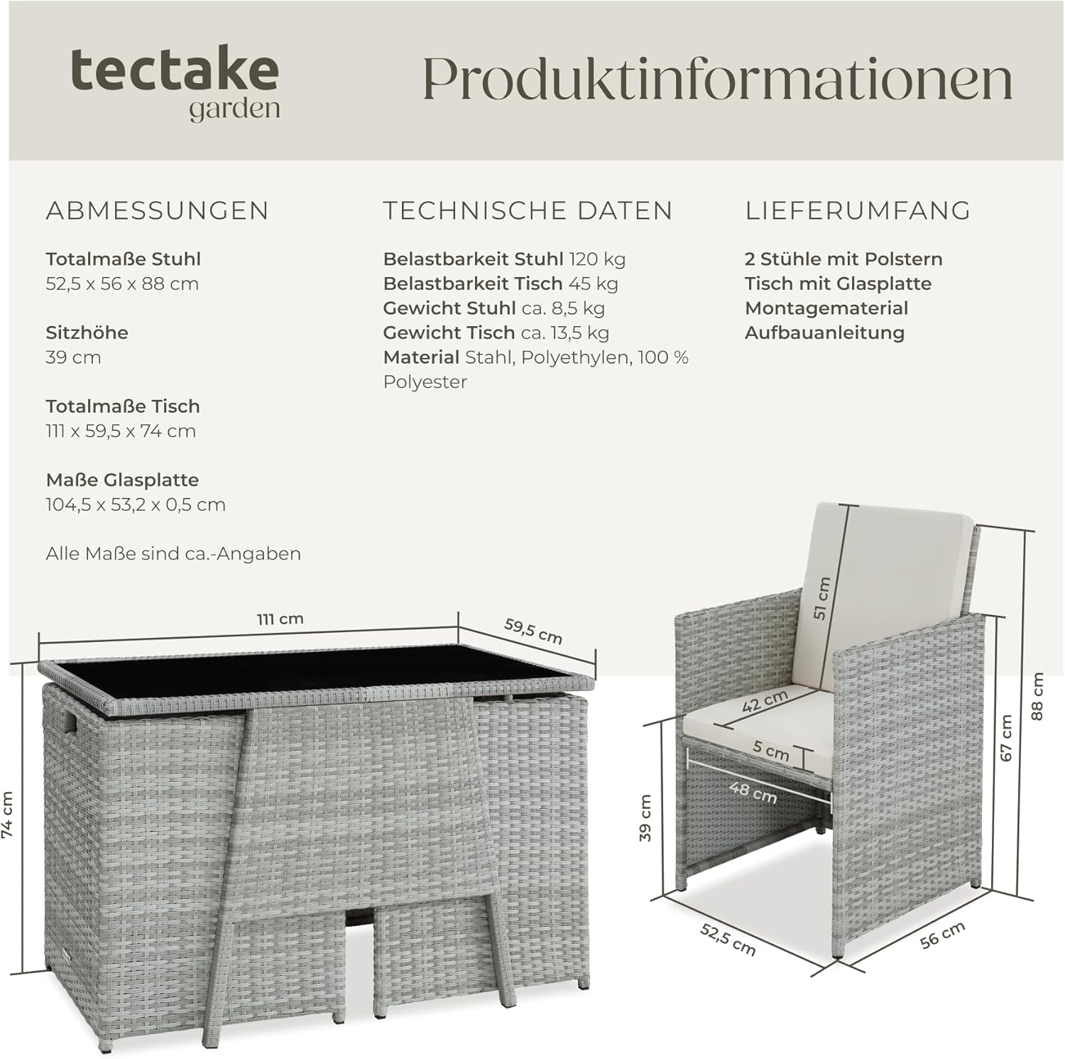 tectake® Poly Rattan Sitzgruppe für 2 Personen, Outdoor Möbel platzsparend zusammenschiebbar, 2 Sessel & 1 Tisch, ideales Balkon Lounge Set, Gartenmöbel, Terrassenmöbel wetterfest - hellgrau
