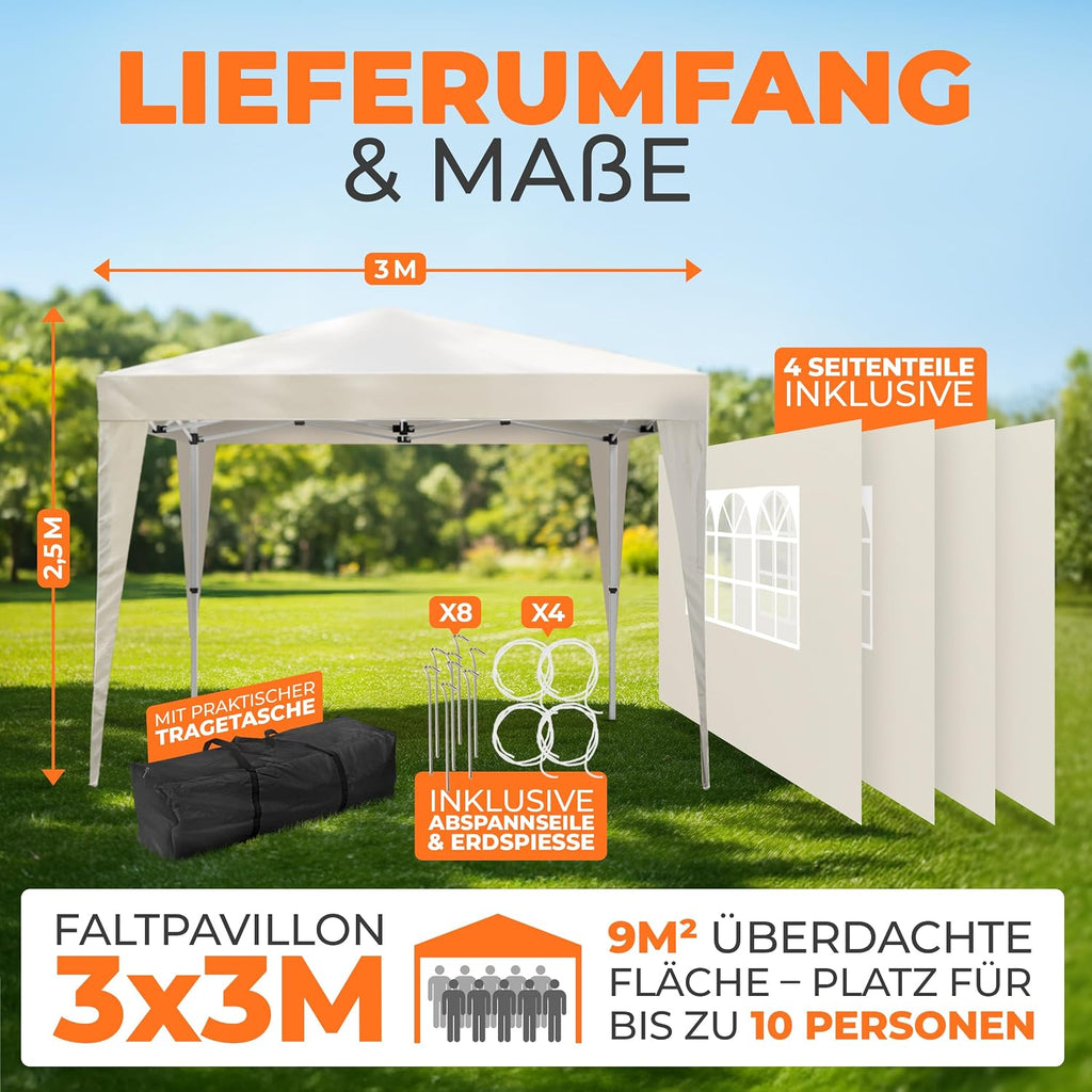 Kronenburg Faltpavillon wasserdicht Dachmaß 3 x 3 m UV Schutz 50+ Pavillon in Champagner mit 4 Seitenteilen