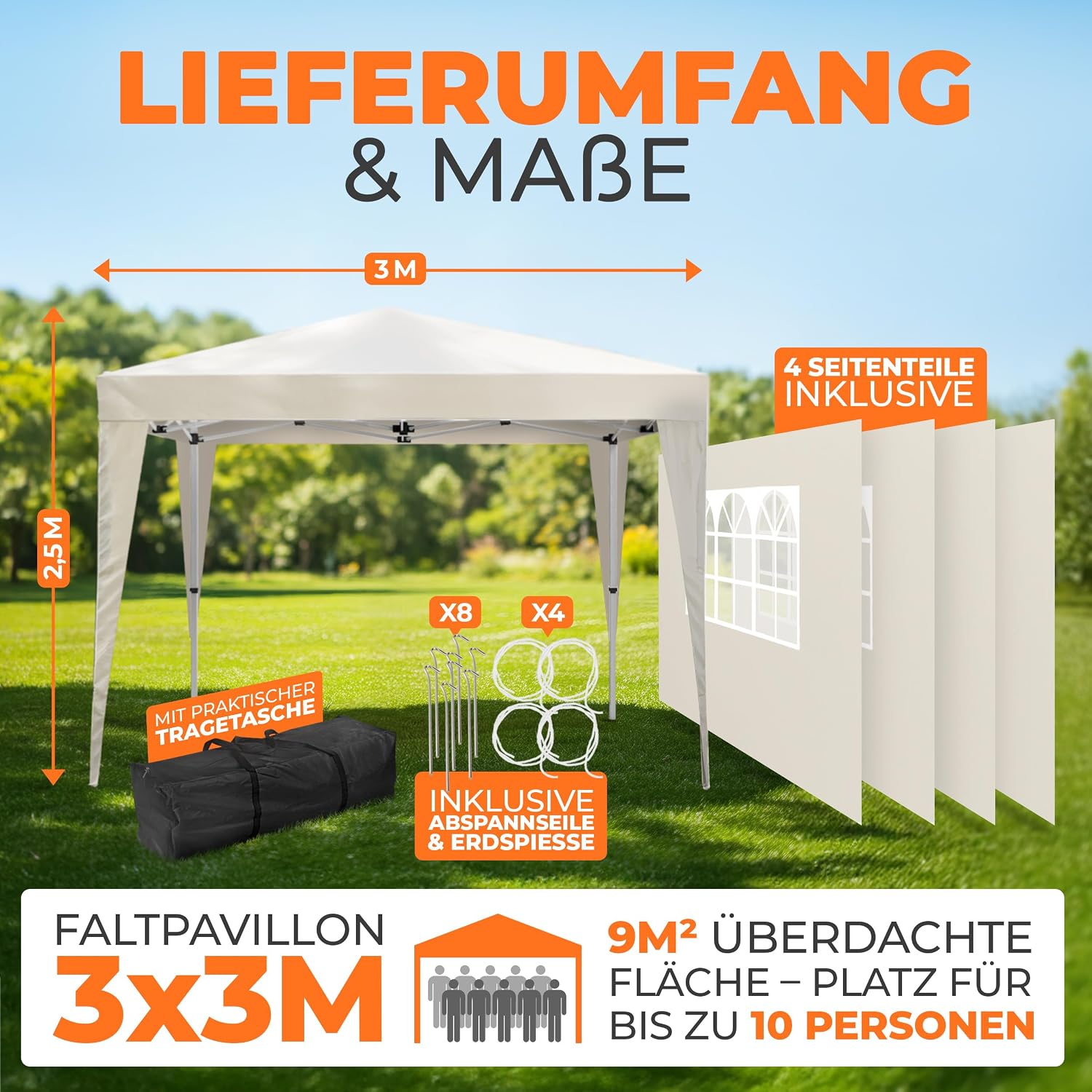 Kronenburg Faltpavillon wasserdicht Dachmaß 3 x 3 m UV Schutz 50+ Pavillon in Champagner mit 4 Seitenteilen