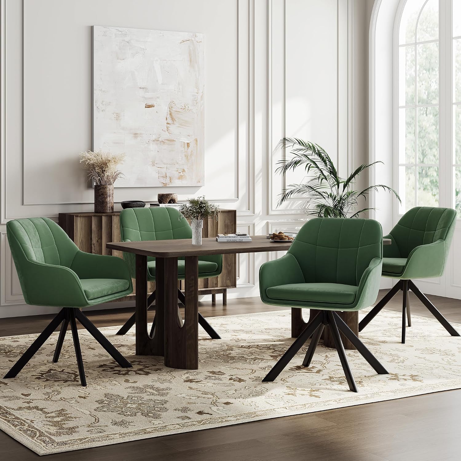 Drehstuhl Esszimmer 4er Set Samt Grün mit Armlehne Polsterstuhl Esszimmerstühle drehbar Küchenstuhl mit Metallbeine für Wohnzimmer Esszimmer