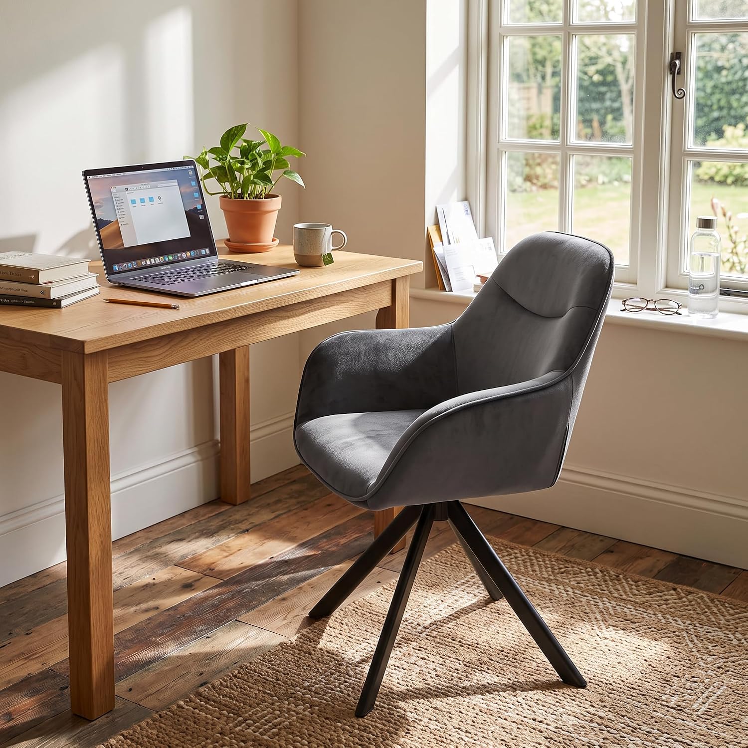 6er Set Esszimmerstühle Drehbar mit Armlehne, 360° Drehstuhl Polsterstuhl Samt Modern Küchenstuhl mit Metallbeine für Esszimmer, Wohnzimmer, Büro, Dunkelgrau
