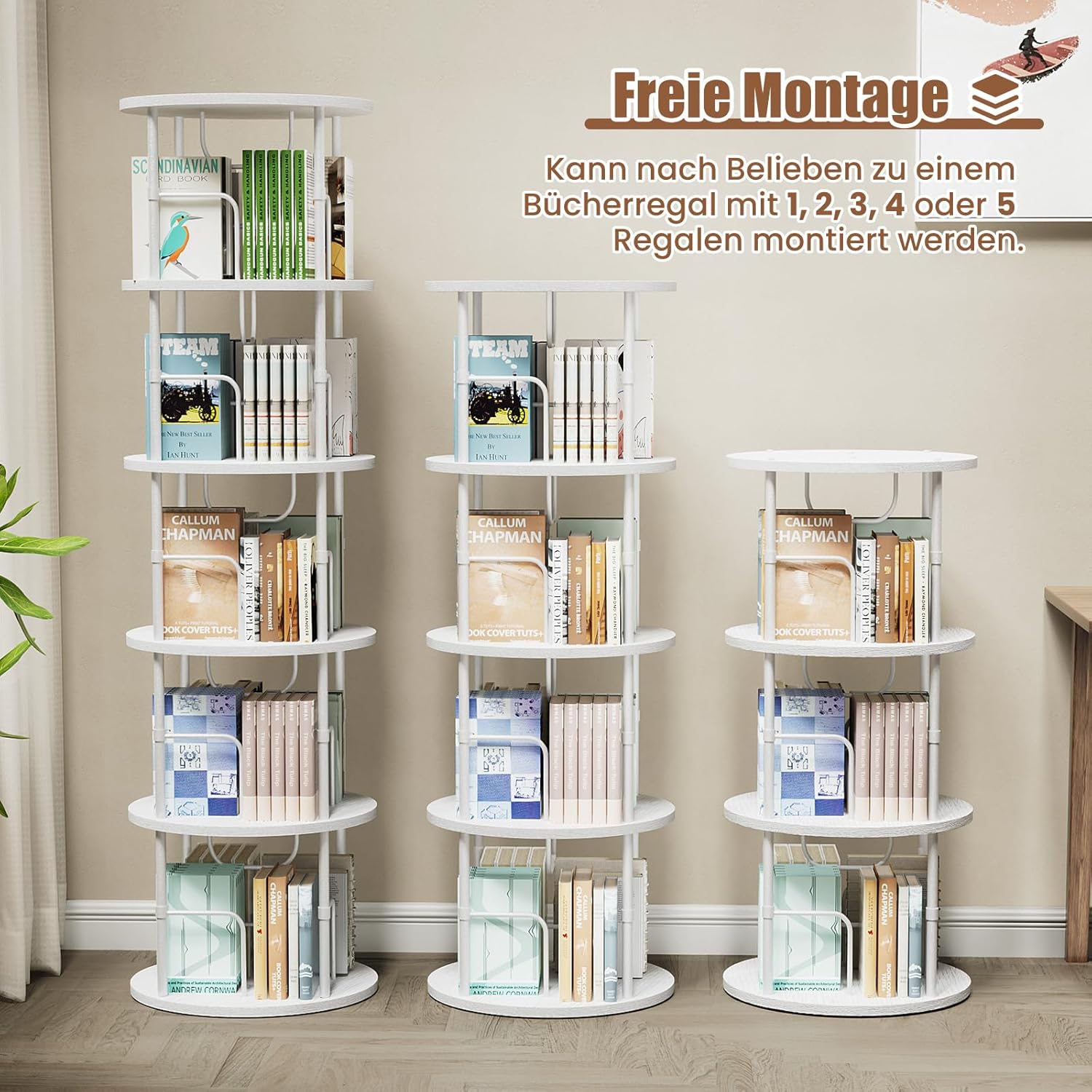Generisch 360° Drehbares Bücherregal, Bodenstehendes Bücherschrank Aus Holz, Bookshelf Mit 5 Ebenen, Verstellbare Ebenen, Standregal, 45×45×160cm, Weiß