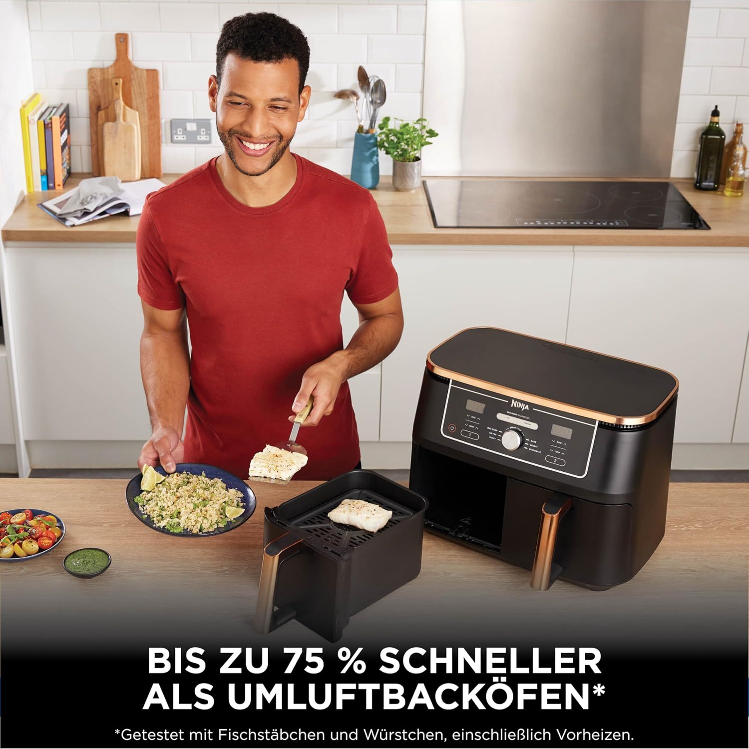 Ninja Foodi MAX Dual Zone Heißluftfritteuse, 9,5L Airfryer, 2 Fächer, mit Zange, Antihaftbeschichtung, spülmaschinenfeste Körbe, 6-in-1, Amazon Exklusiv, Kupfer/Schwarz, AF400EUCP