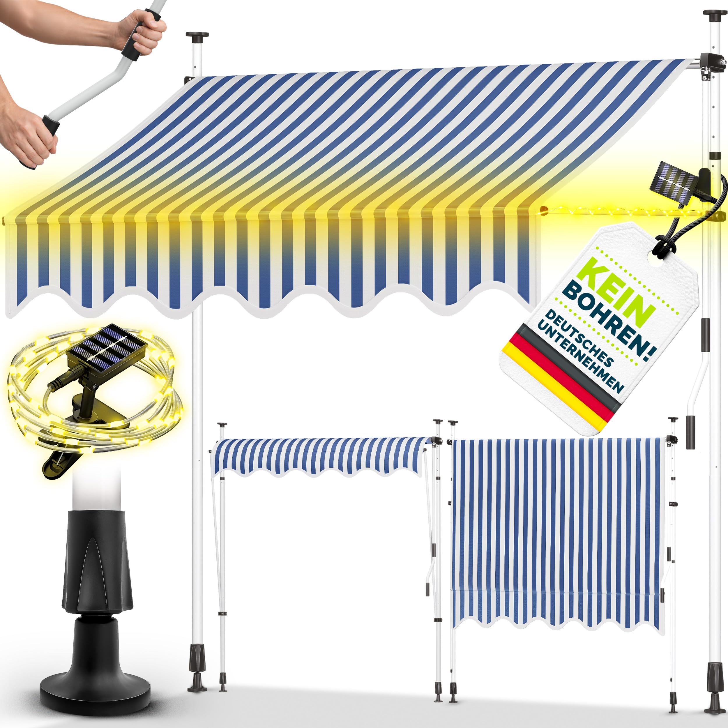 tillvex Klemmmarkise 350cm breit mit Handkurbel | Balkonmarkise ohne Bohren