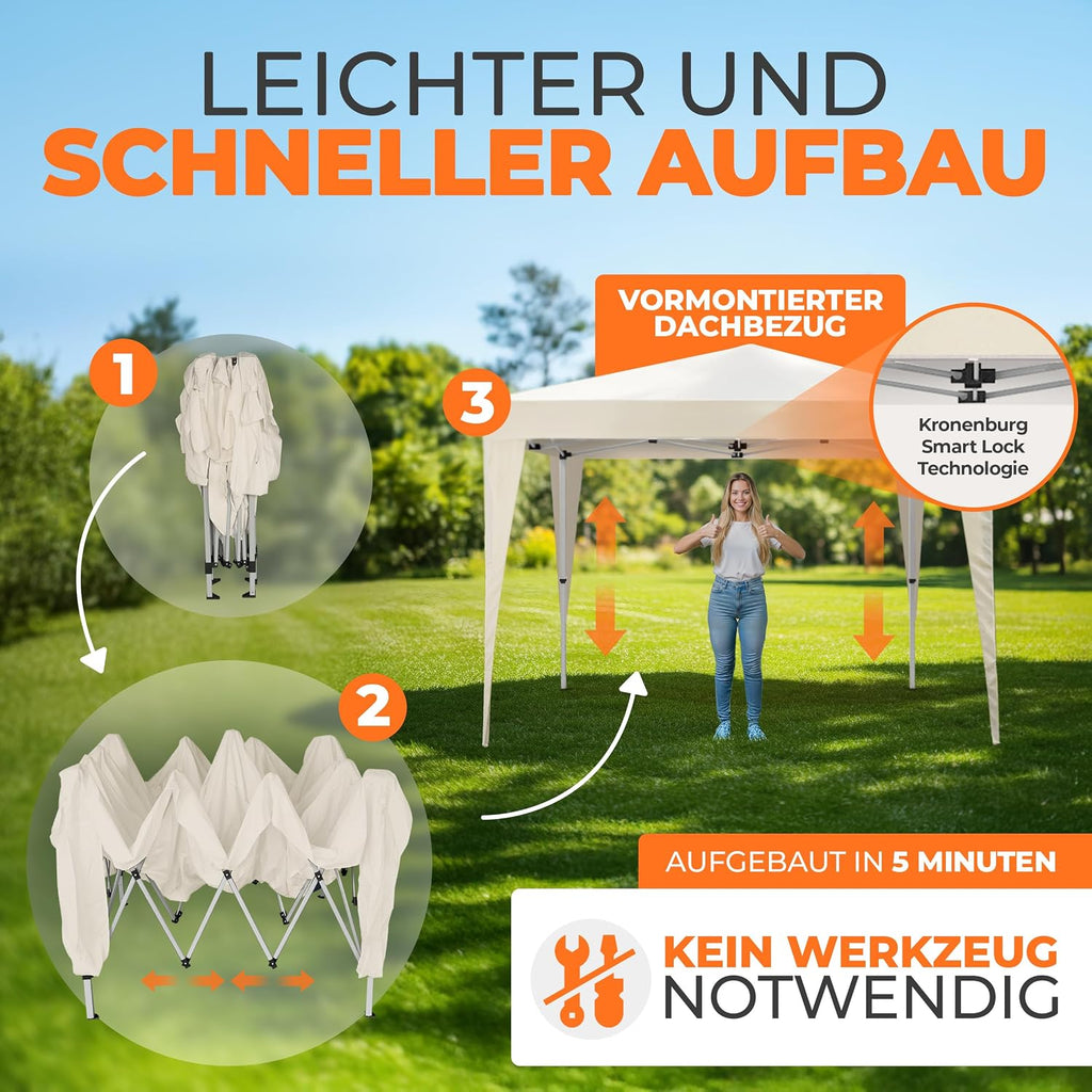 Kronenburg Faltpavillon wasserdicht Dachmaß 3 x 3 m UV Schutz 50+ Pavillon in Champagner mit 4 Seitenteilen
