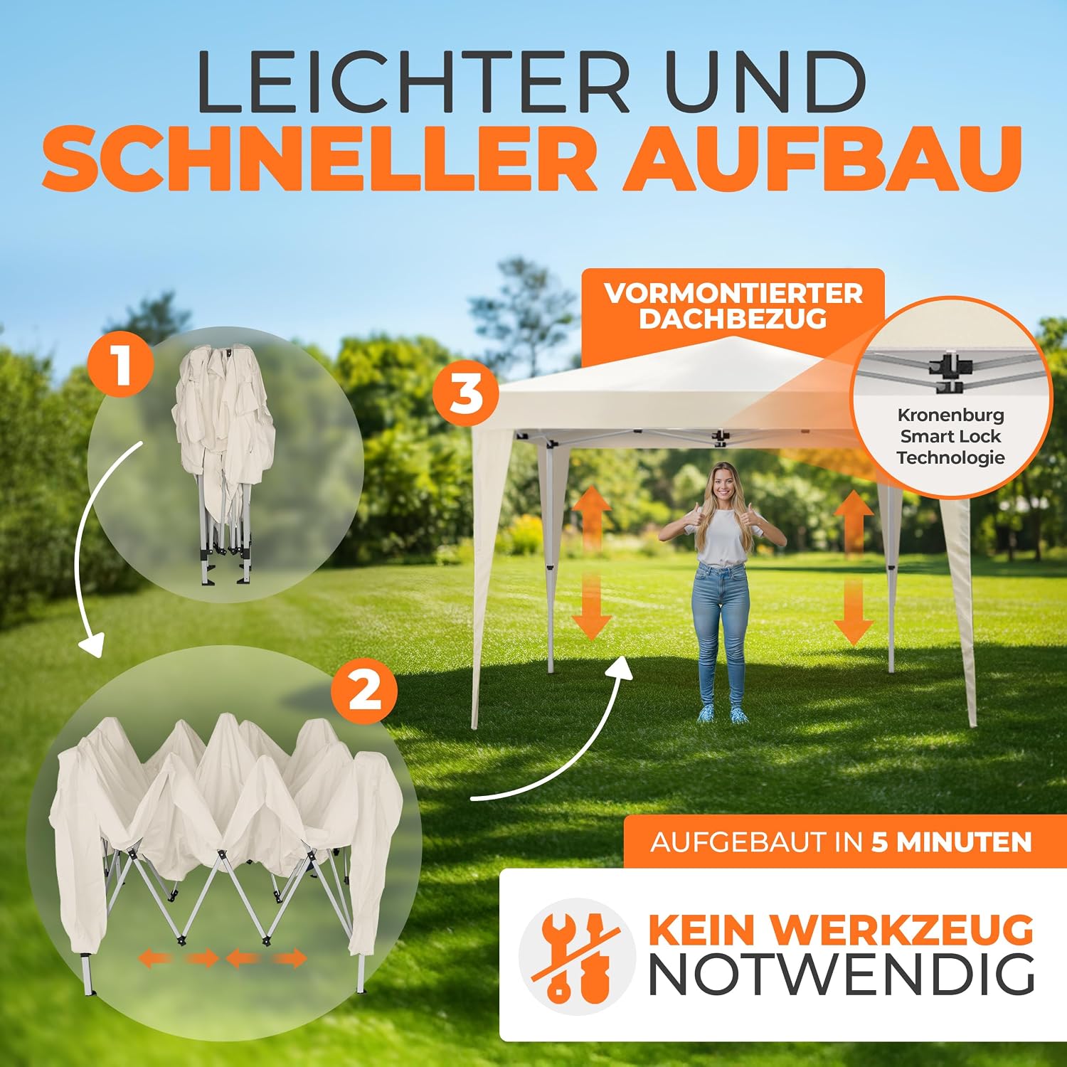 Kronenburg Faltpavillon wasserdicht Dachmaß 3 x 3 m UV Schutz 50+ Pavillon in Champagner mit 4 Seitenteilen