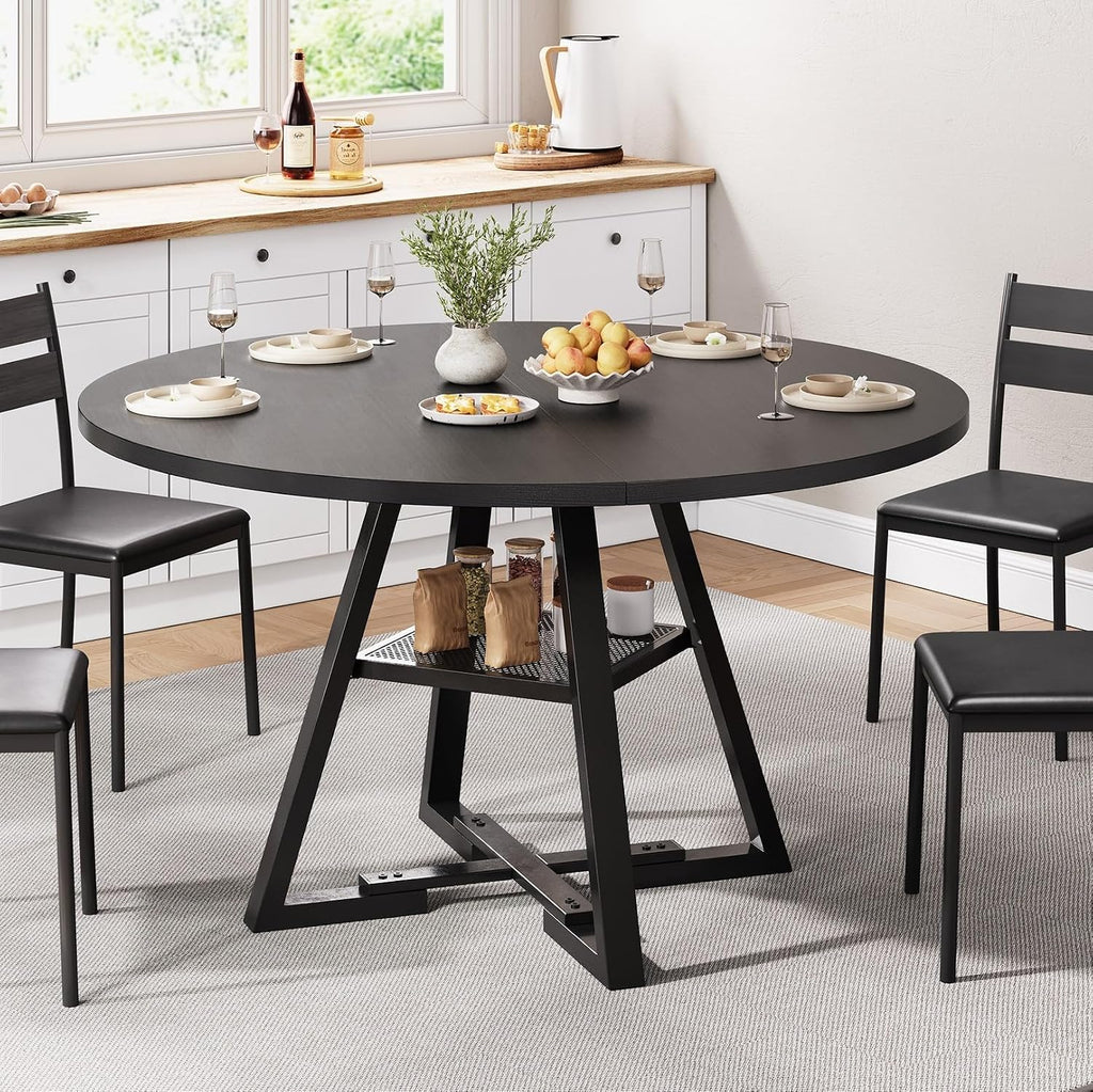 Jocoevol Esstisch Runder für 2–4 Personen, Esszimmertisch mit Ablage, platzsparender Küchentisch aus Holz im Industrial Design (Schwarz, 107x107x76cm)