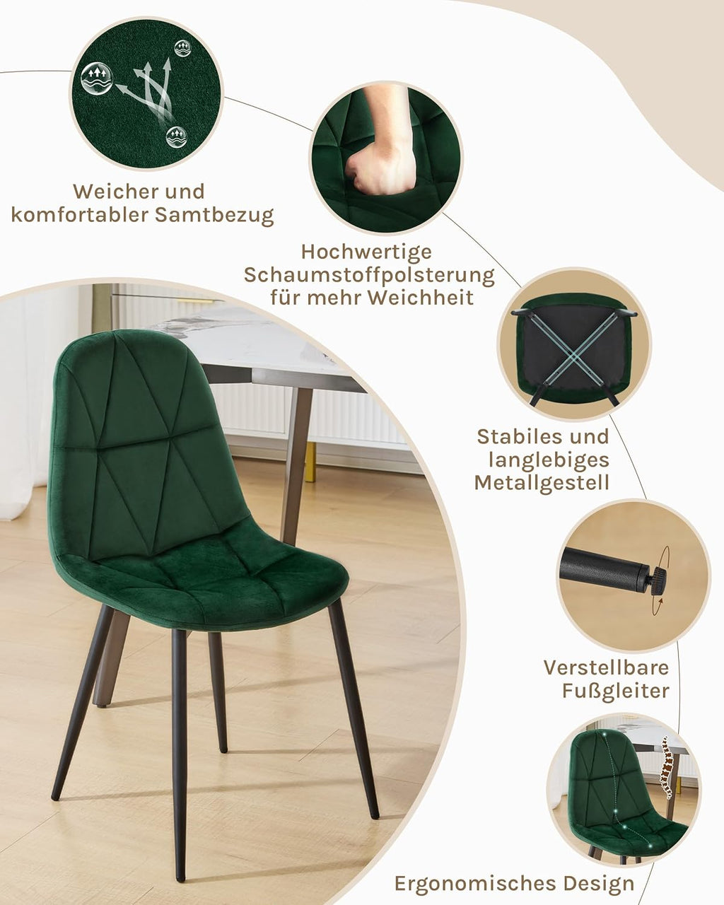 Lestarain Esszimmerstühle 4er Set Samt Dunkelgrün