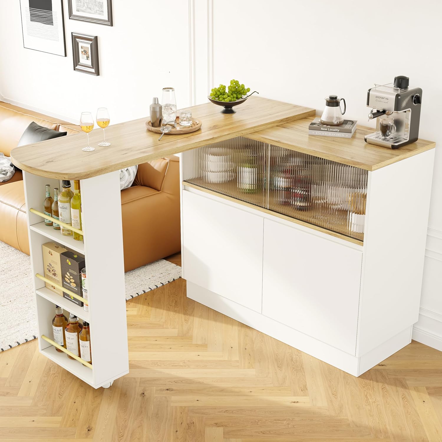 Merax Ausziehbarer Bartisch mit Stauraum, 360° drehbarer Beweglicher Bartisch Küchentheke Kücheninsel Kaffeeecke, mit Offene Ablagefächer, Glasschiebetür, Weiß/120-180 x 45 x 103 cm