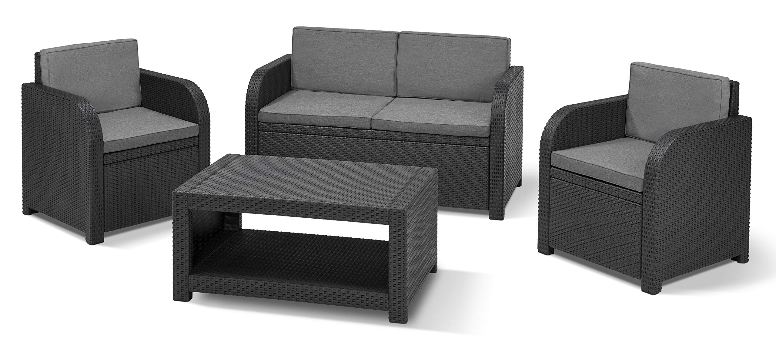 Allibert by Keter Merano Gartenmöbel Set aus Kunststoff, inkl. Sitzkissen, grau, 4-teilig, 2 Sessel, Sofa & Tisch, für Garten & Terrasse, Flache Rattanoptik
