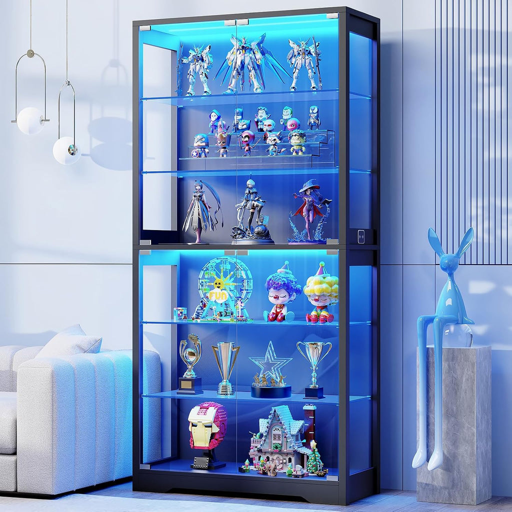 BROTTAR Vitrine mit Glastür, 6-stufige 180cm Vitrine mit 3 Farblichten für Sammlerstücke, Vitrine mit verstellbaren Glasträgern, Körperkensorsensor, Aufbewahrungsschränke, Schwarz