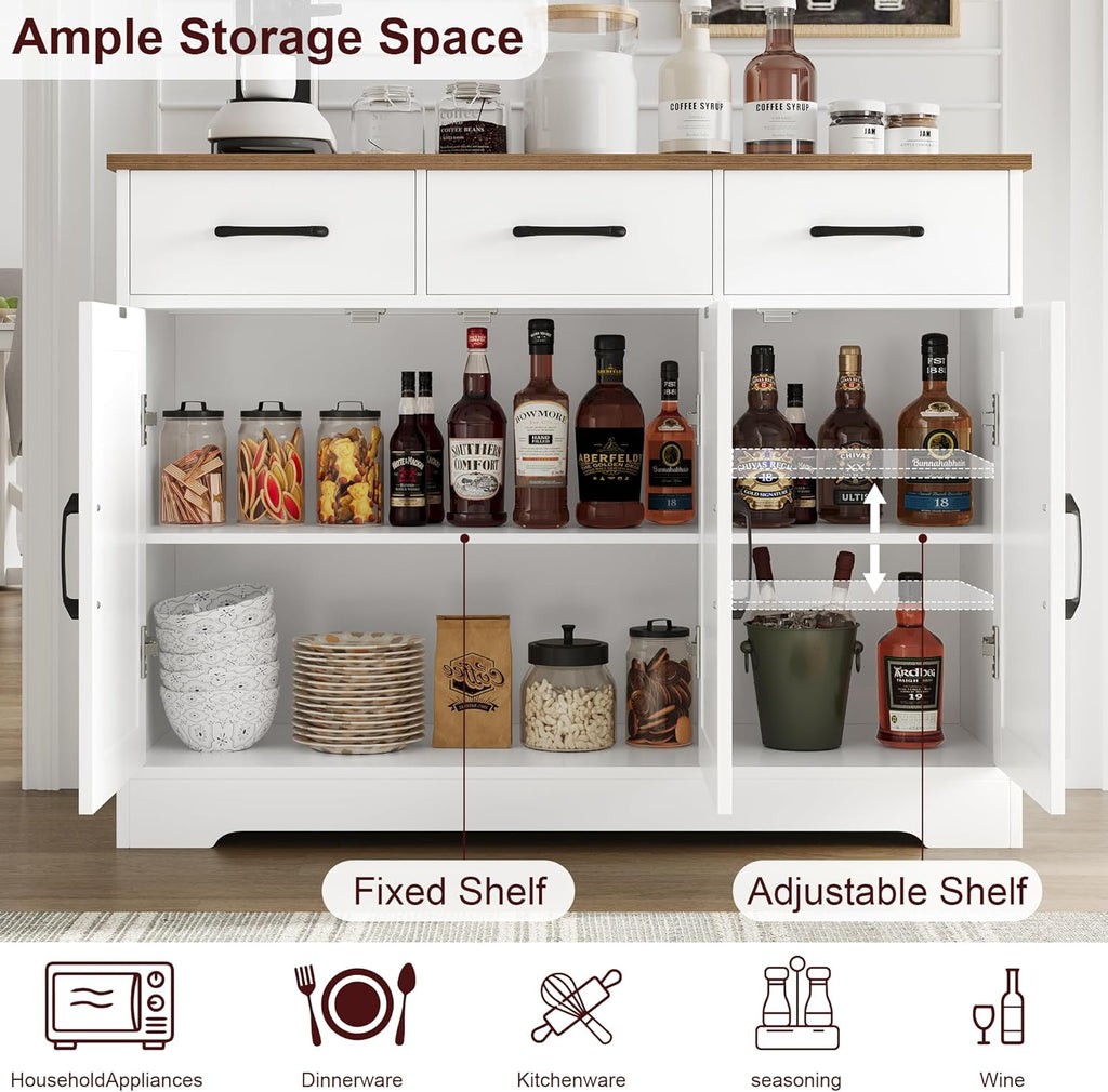 HOCSOK Sideboard, Küchenschrank mit Verstellbaren Ablagen, Weiß & Braun