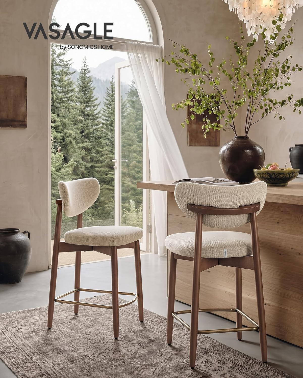 VASAGLE Barhocker 2er Set, mit Rückenlehne, Massivholzbeine, in Leinenoptik