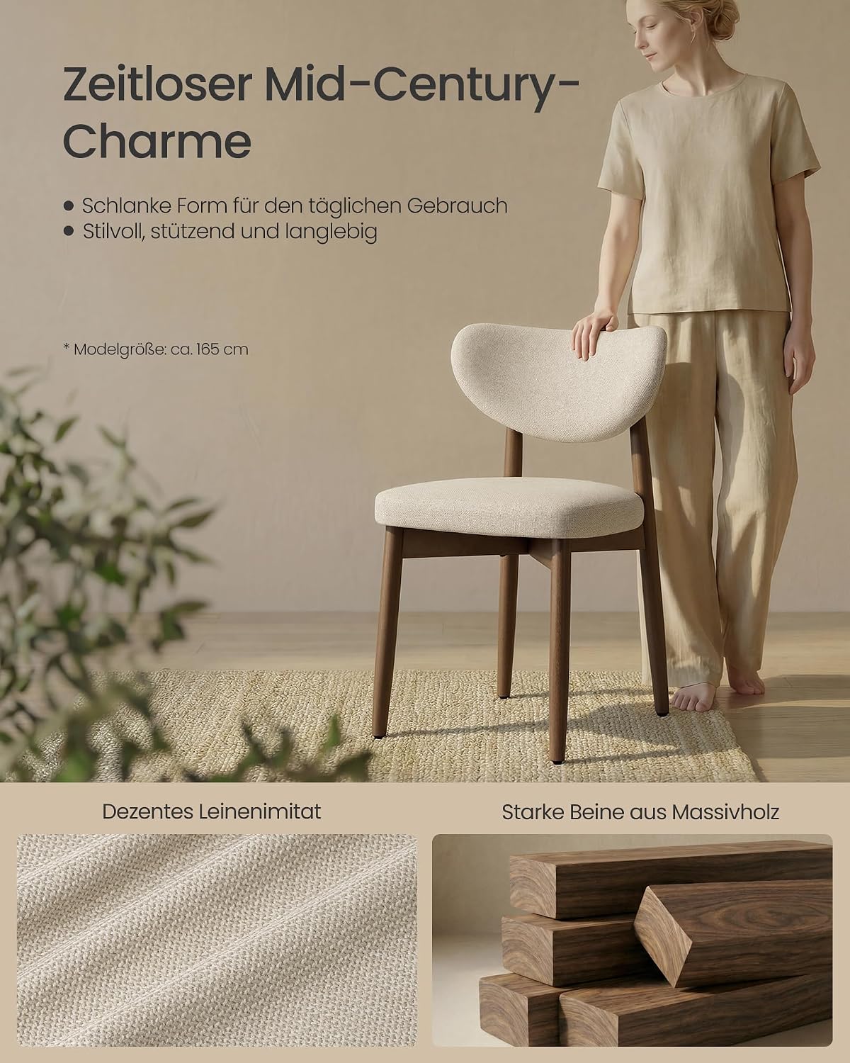 VASAGLE Esszimmerstuhl 4er Set, Küchenstuhl, Polsterstuhl mit Massivholzbeinen, ergonomische Rückenlehne, Aussparung als Griff, Mid-Century-Modern-Stil, Küche, cappuccinobeige KDC668L101-2J