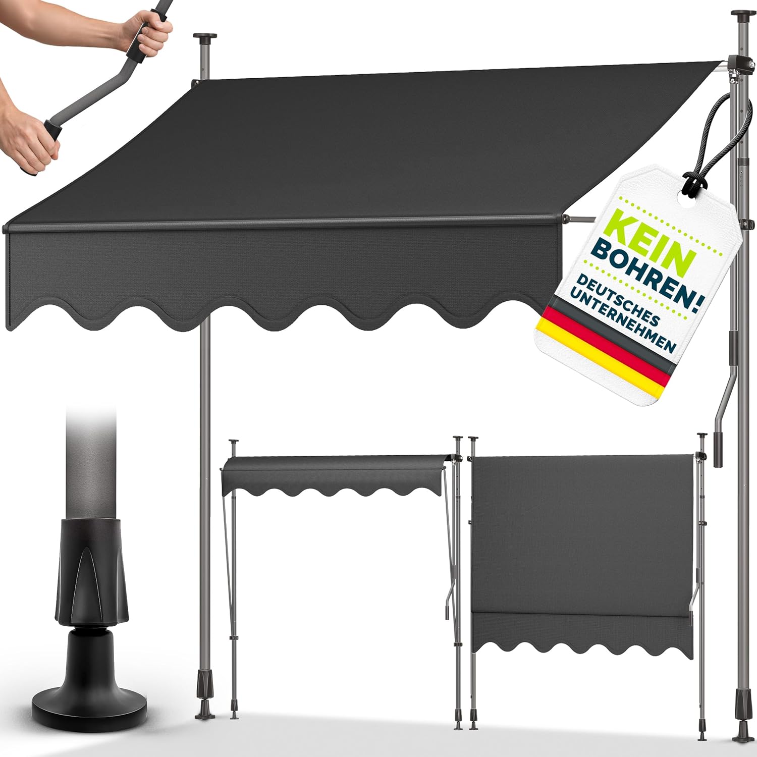 tillvex Klemmmarkise 350cm breit mit Handkurbel | Balkonmarkise ohne Bohren