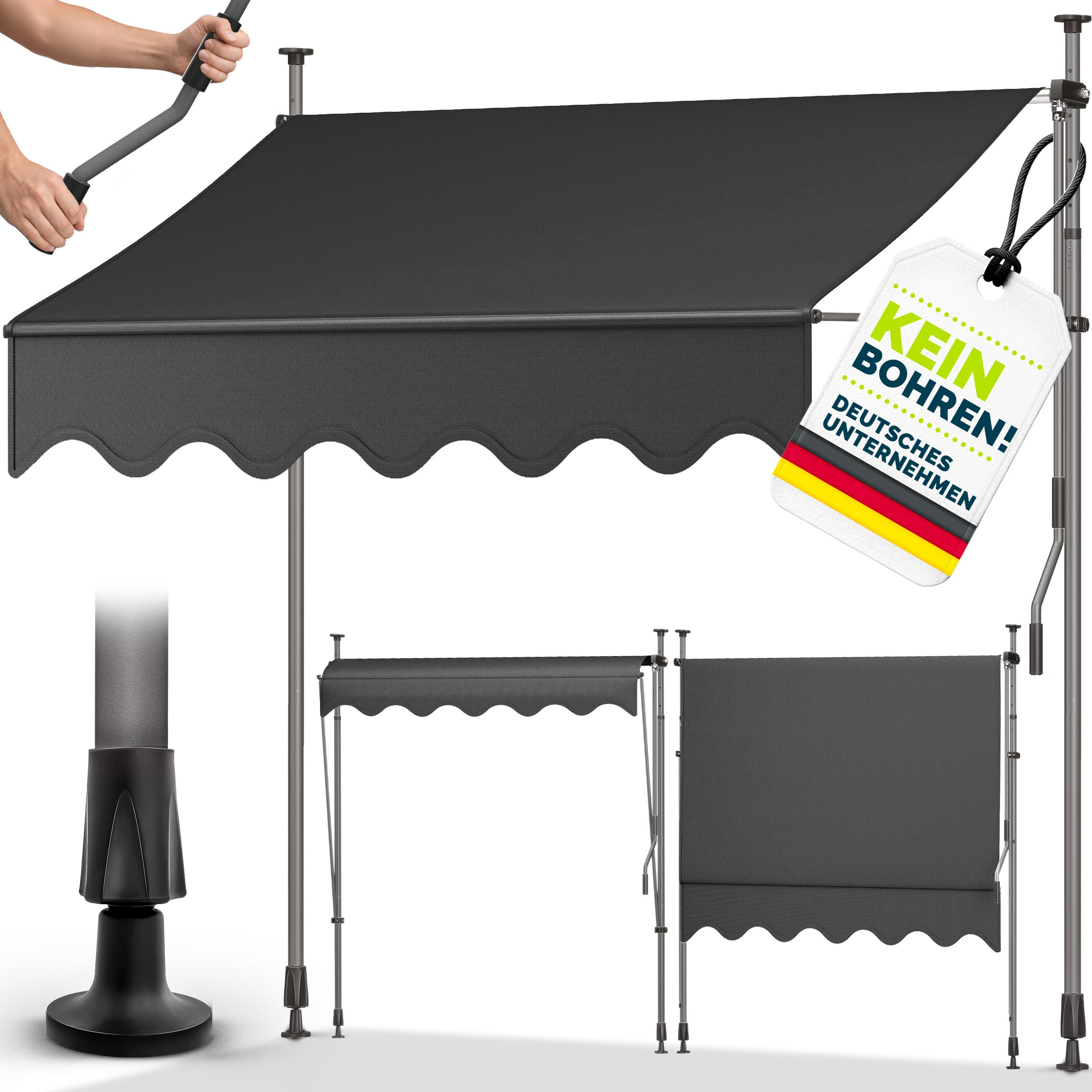 tillvex Klemmmarkise 350cm breit mit Handkurbel | Balkonmarkise ohne Bohren