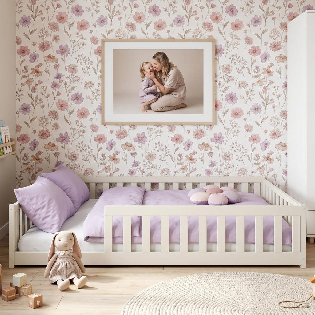 Kids Collective Kinderbett Bodenbett 120x200 cm Bett mit Rausfallschutz & Lattenrost Montessori Bett Bed Gitterbett Kinder Jugendbett Einzelbett | Natur Kiefer Holz massiv Junge Mädchen