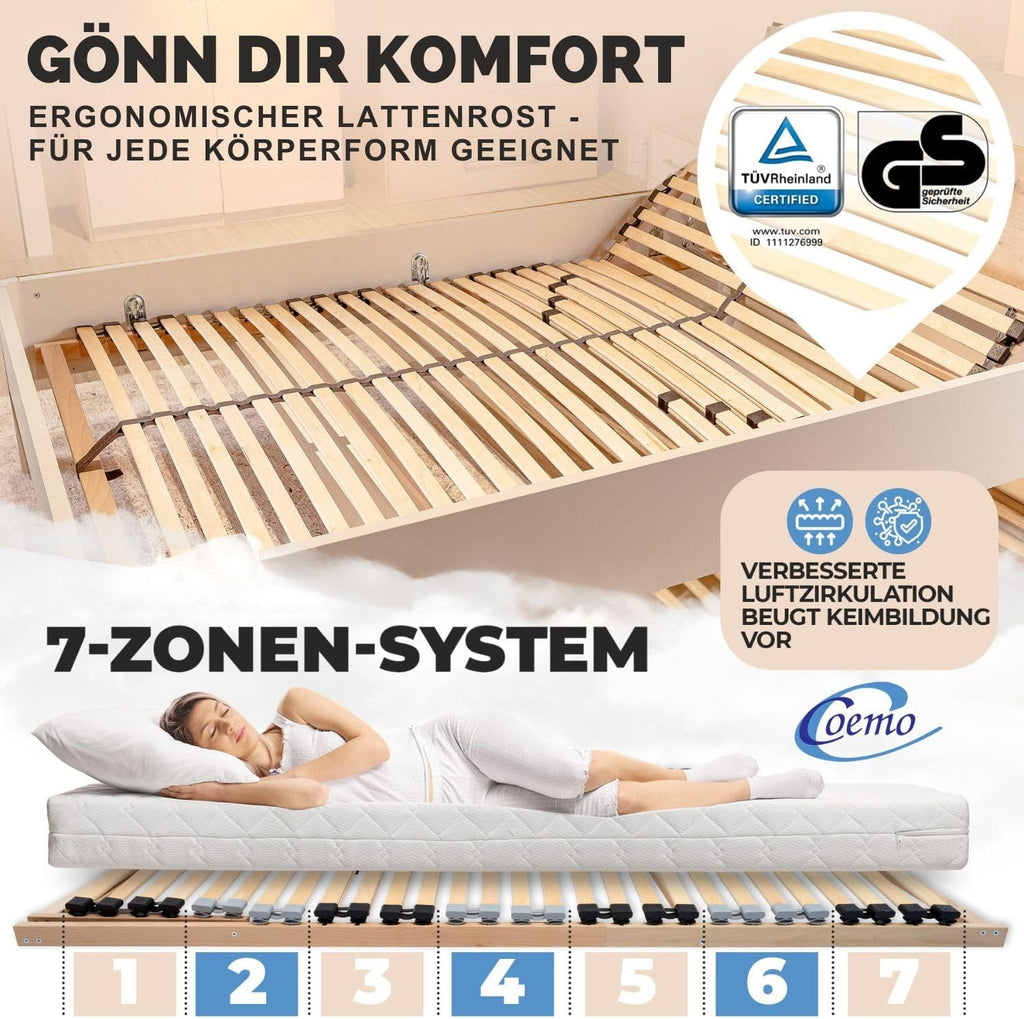 Coemo 7-Zonen Lattenrost Ergo 140x200 Lattenrahmen - verstellbares Kopfteil - Buche Rahmen- 28 Federleisten- Bettrahmen 140x200cm passend für Queensize Bett- geeignet für alle Matratzen