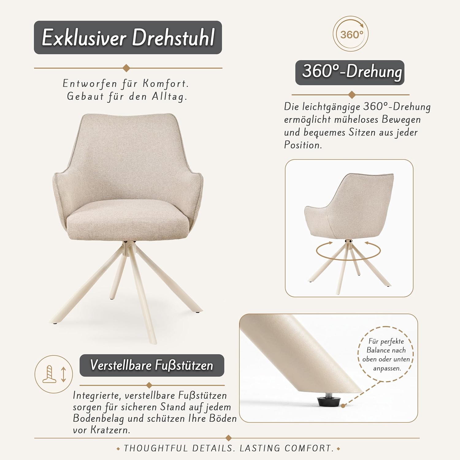 Esszimmerstühle Drehbar 4er Set mit Armlehne, gepolsterte Esszimmerstuhl mit hoher Rückenlehne für Esszimmer & Wohnzimmer, Büro, Beige1