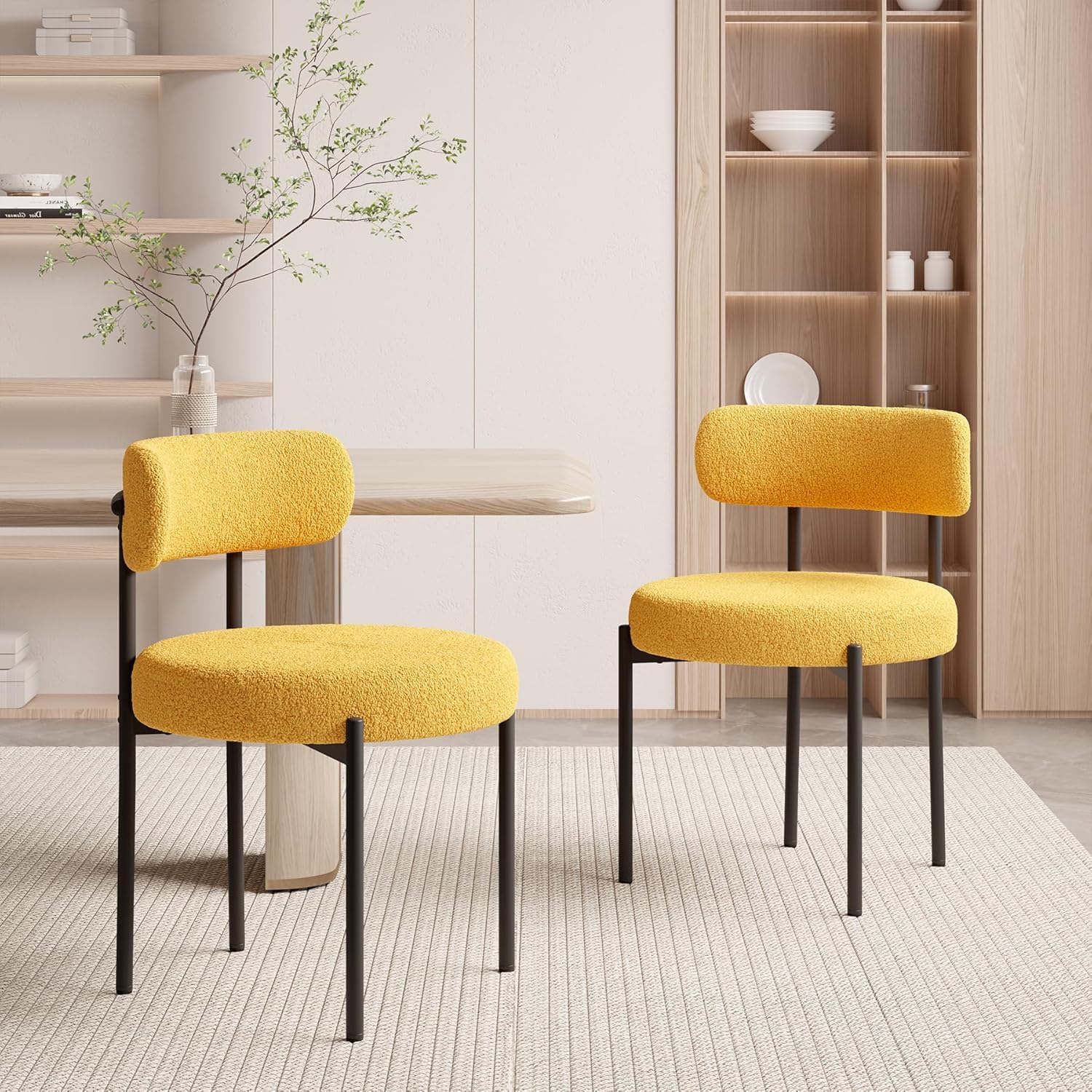 Hawthyhome Esszimmerstühle 4er Set丨Teddy Stoff Runde Boucle Stühle·Mid-Century gepolsterte Küchenstühle·Dining Chairs mit Metallbeinen·Creme Wei߷
