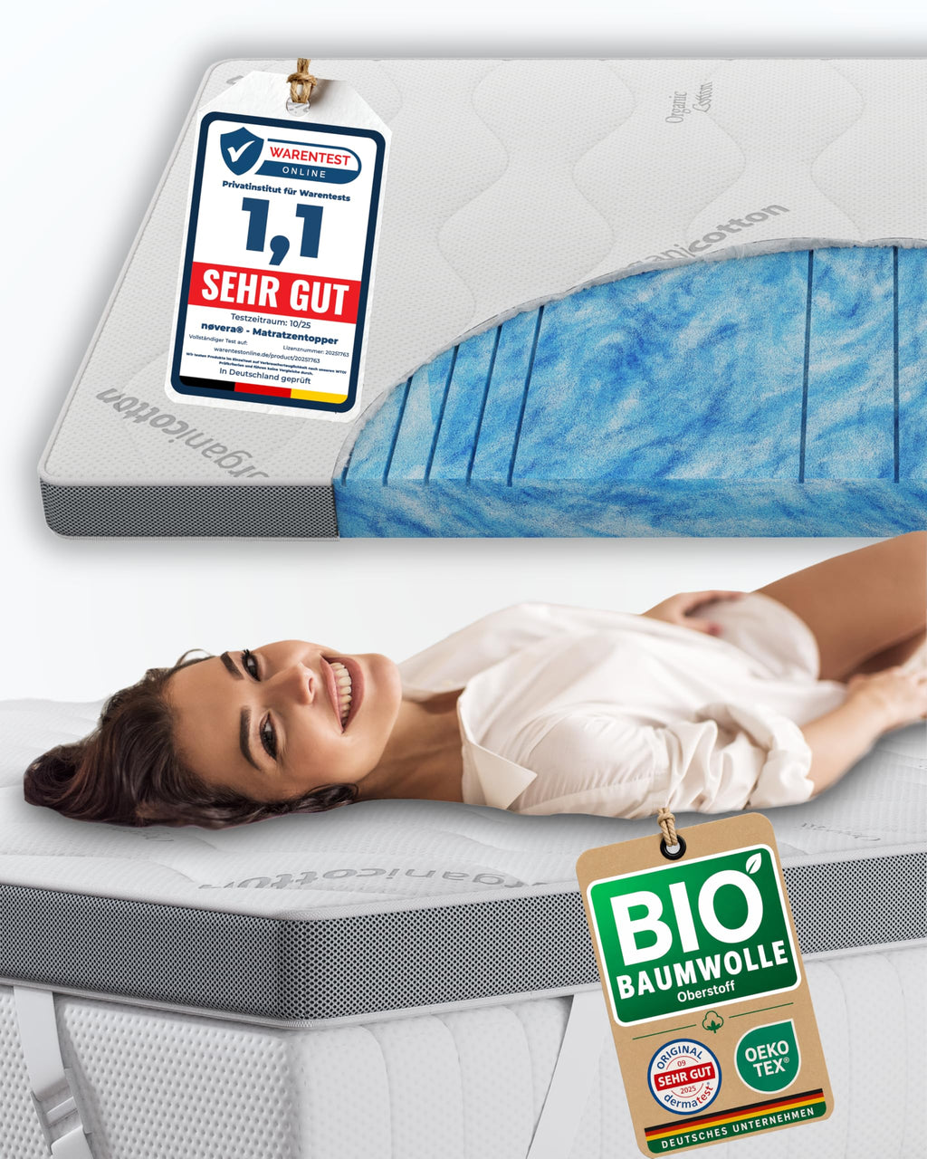 Deluxe Gel Topper 180x200cm | Oberstoff aus 100% Bio-Baumwolle | wolkenweicher 7-Zonen Matratzentopper 180x200cm | Hohes RG 50 | 8cm Matratzen Topper 180x200 |Luxus Matratzenauflage Geltopper